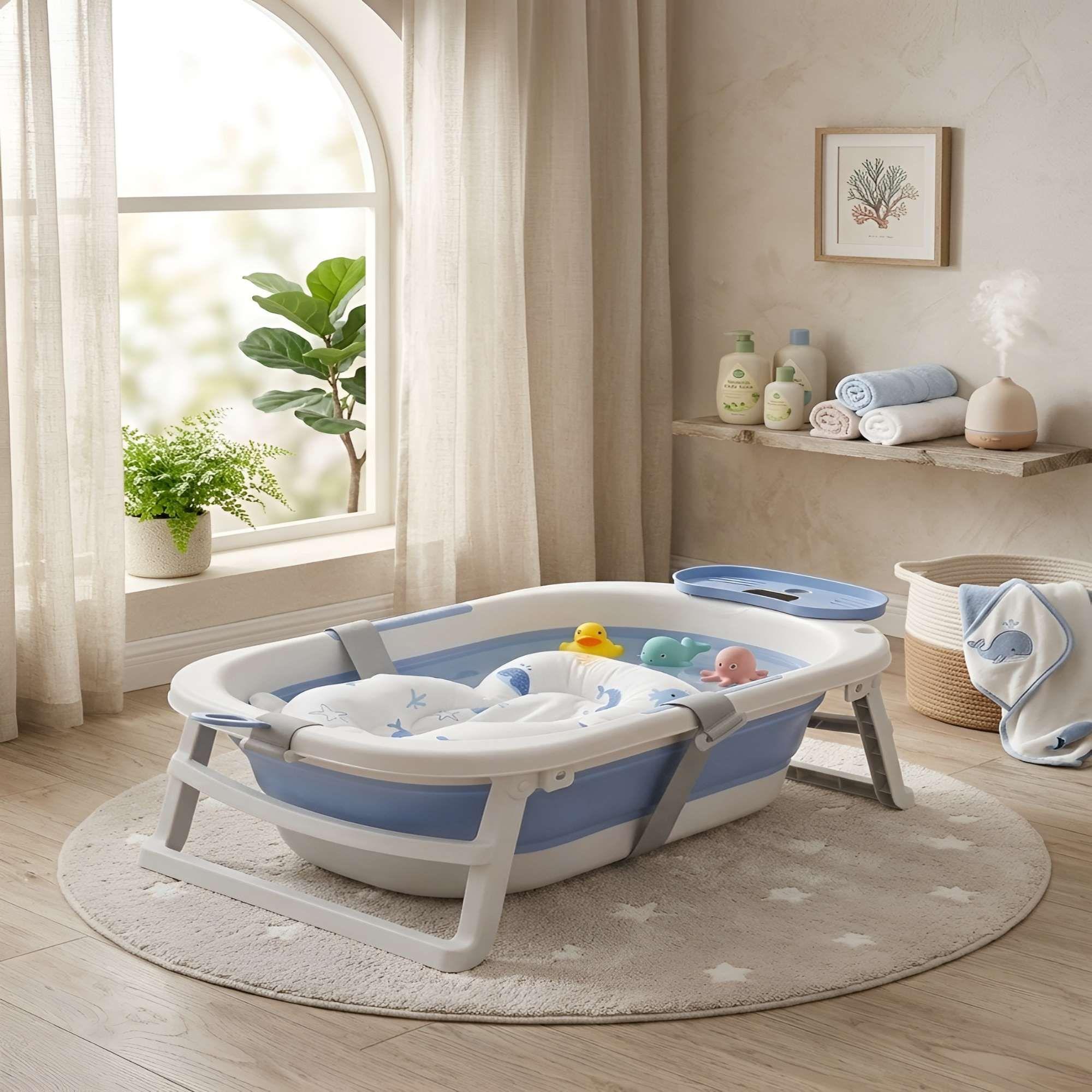 BAÑERA PORTATIL CON TERMOMETRO Y COJIN DE APOYO CON DISEÑO DE BALLENAS COLOR AZUL-1