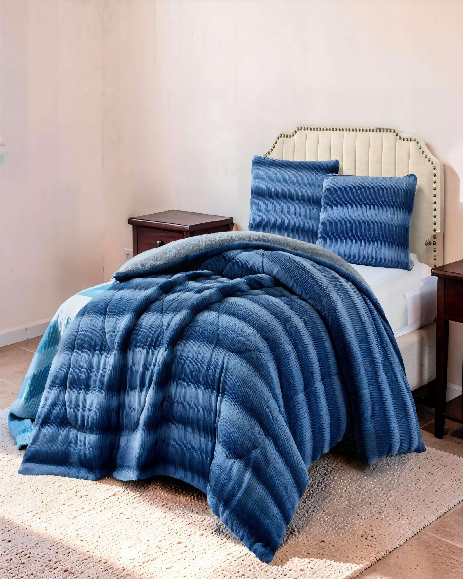 COBERTOR PIEL DE CONEJO IMITACION CON DISEÑO 2PLAZA COLOR AZUL-2