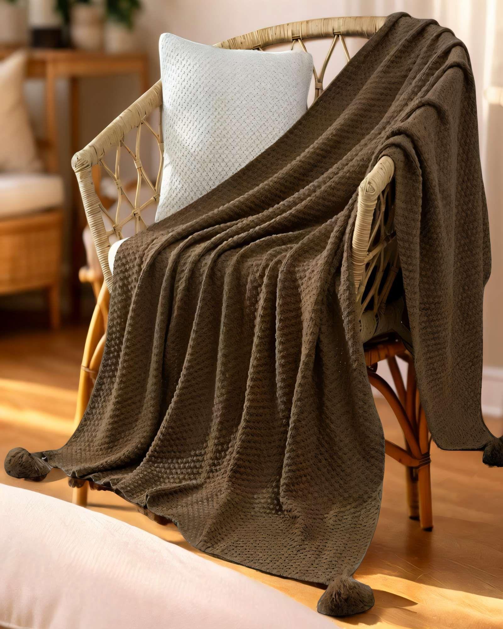 MANTA DE SOFÁ CON FLECOS DE SOGA 130CMX180CM  COLOR MARRÓN-3