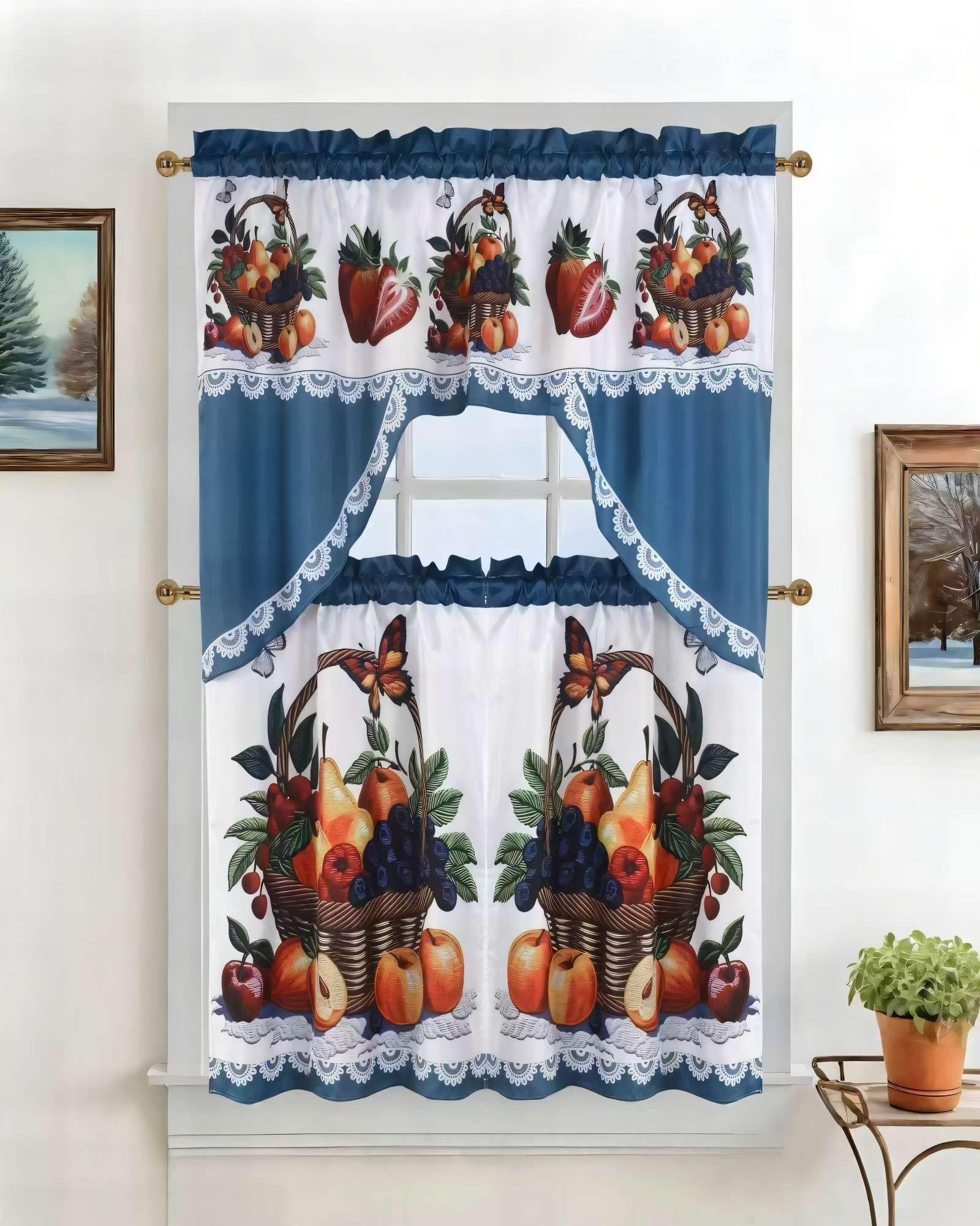 PACK DE CORTINA 3 PIEZAS PARA COCINA CON DISEÑO COLOR BLANCO CON AZUL-2