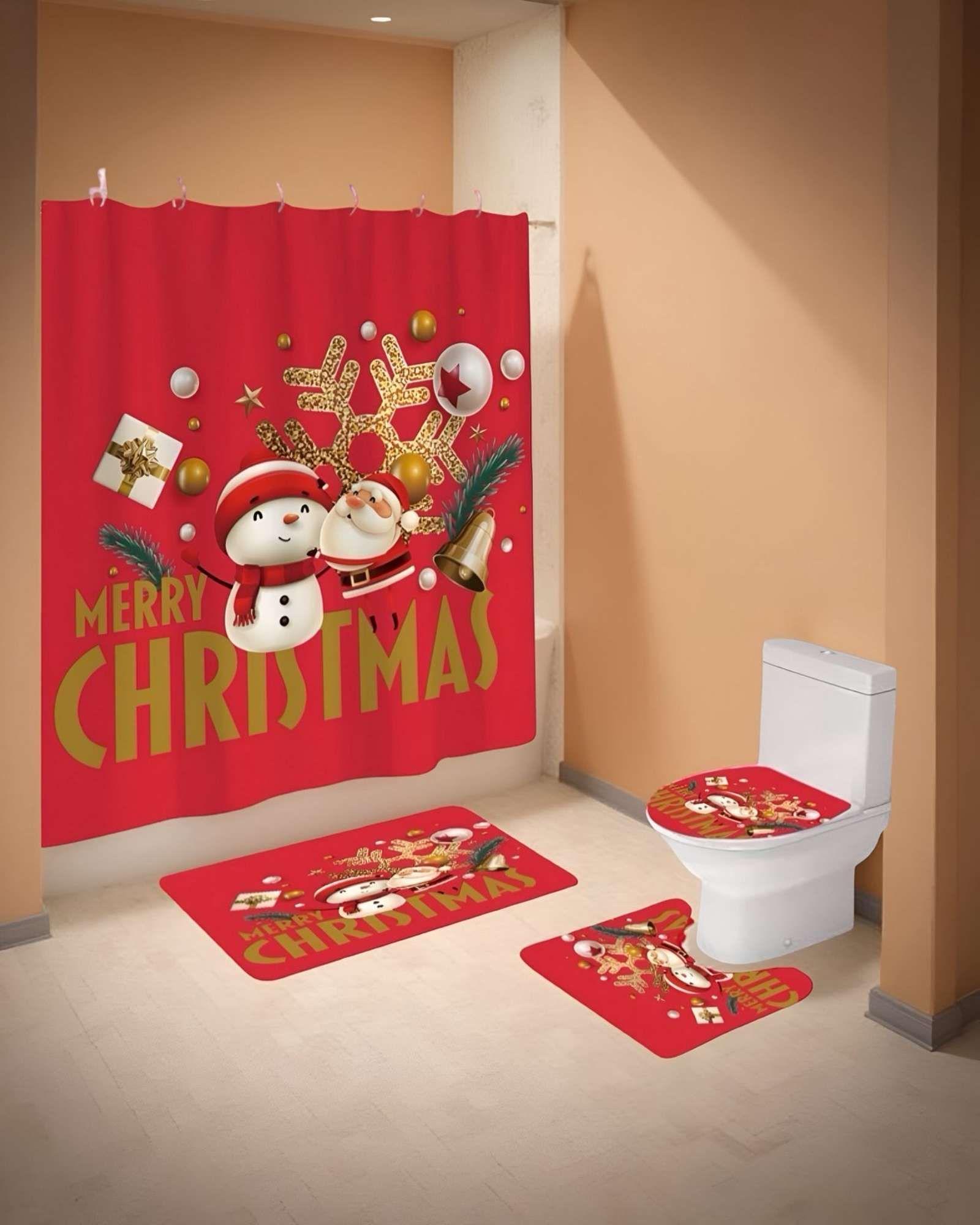 PACK 4 PIEZAS CORTINA DE BAÑO Y ALFOMBRAS DISEÑO NAVIDEÑO TF03-2