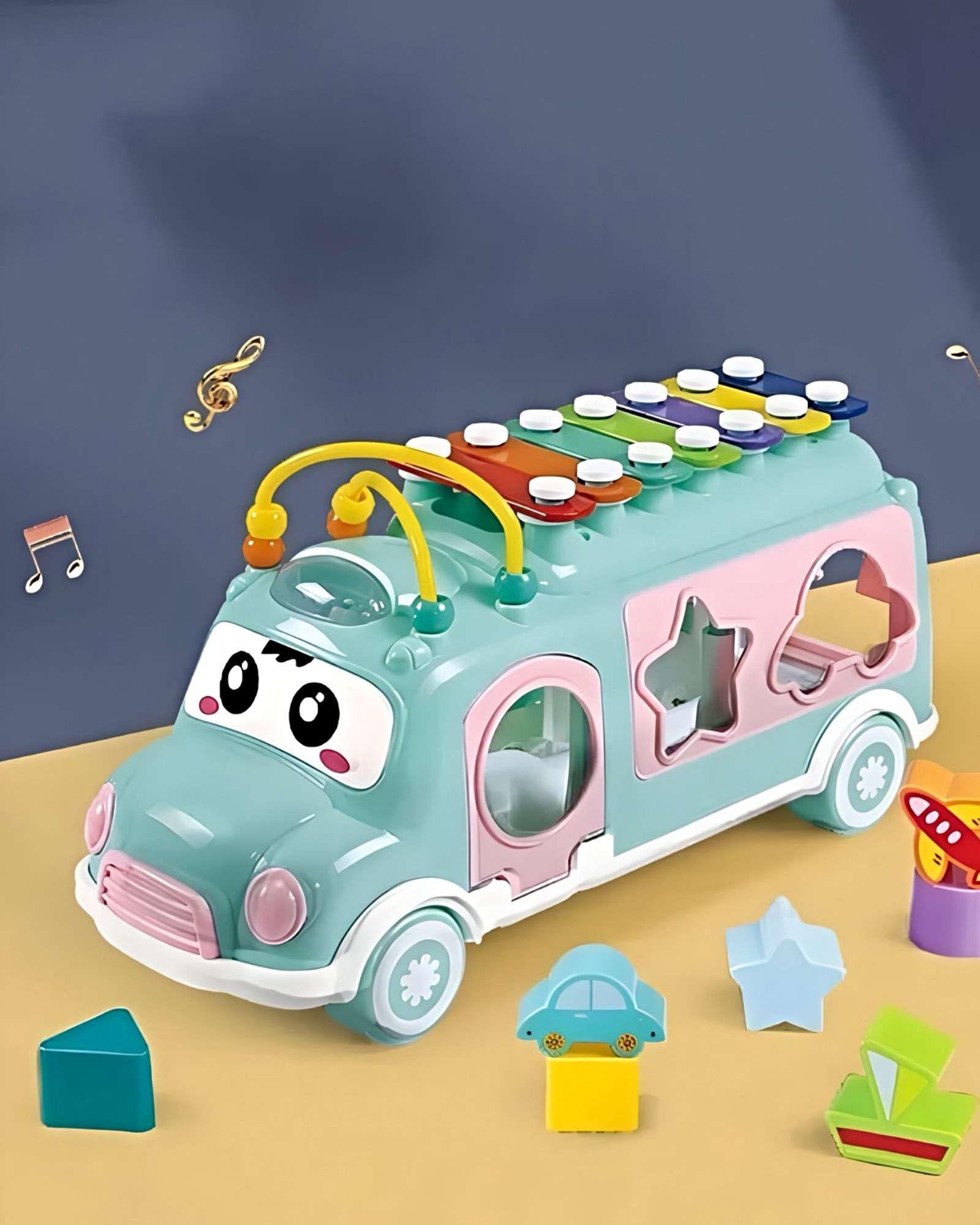 Juguete Bus Musical Infantil Clasificador de Bloques y Xilófono celeste-3