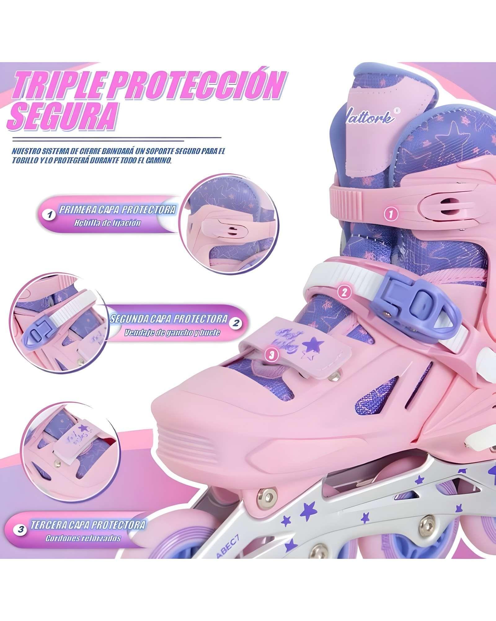 PATINES DE RUEDAS ILUMINADAS PARA NIÑA INCLUYE SET DE SEGURIDAD TALLA M 35-38-4