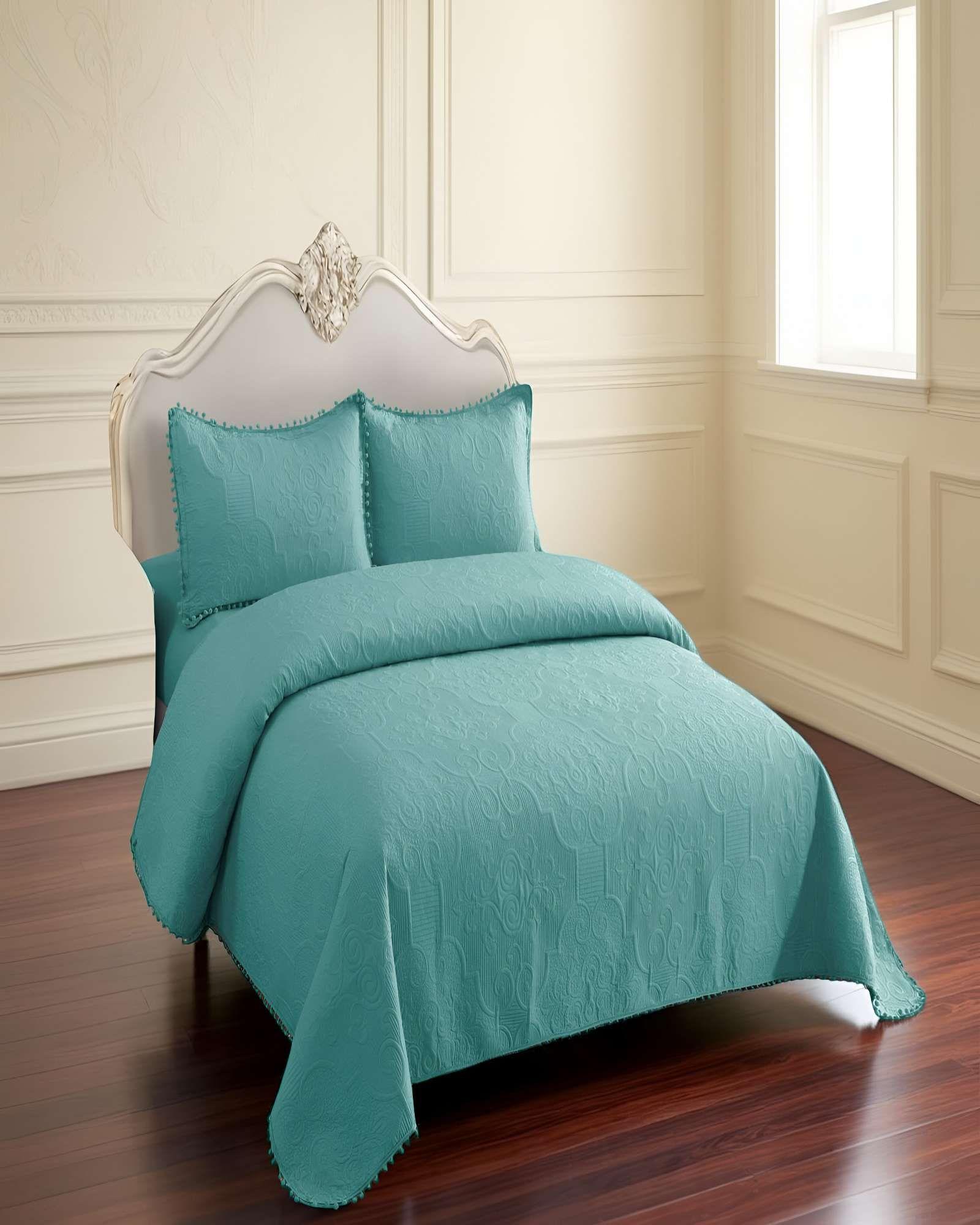 QUILT CUBRECAMA DE VERANO KING CON POMPON COLOR TURQUESA-3