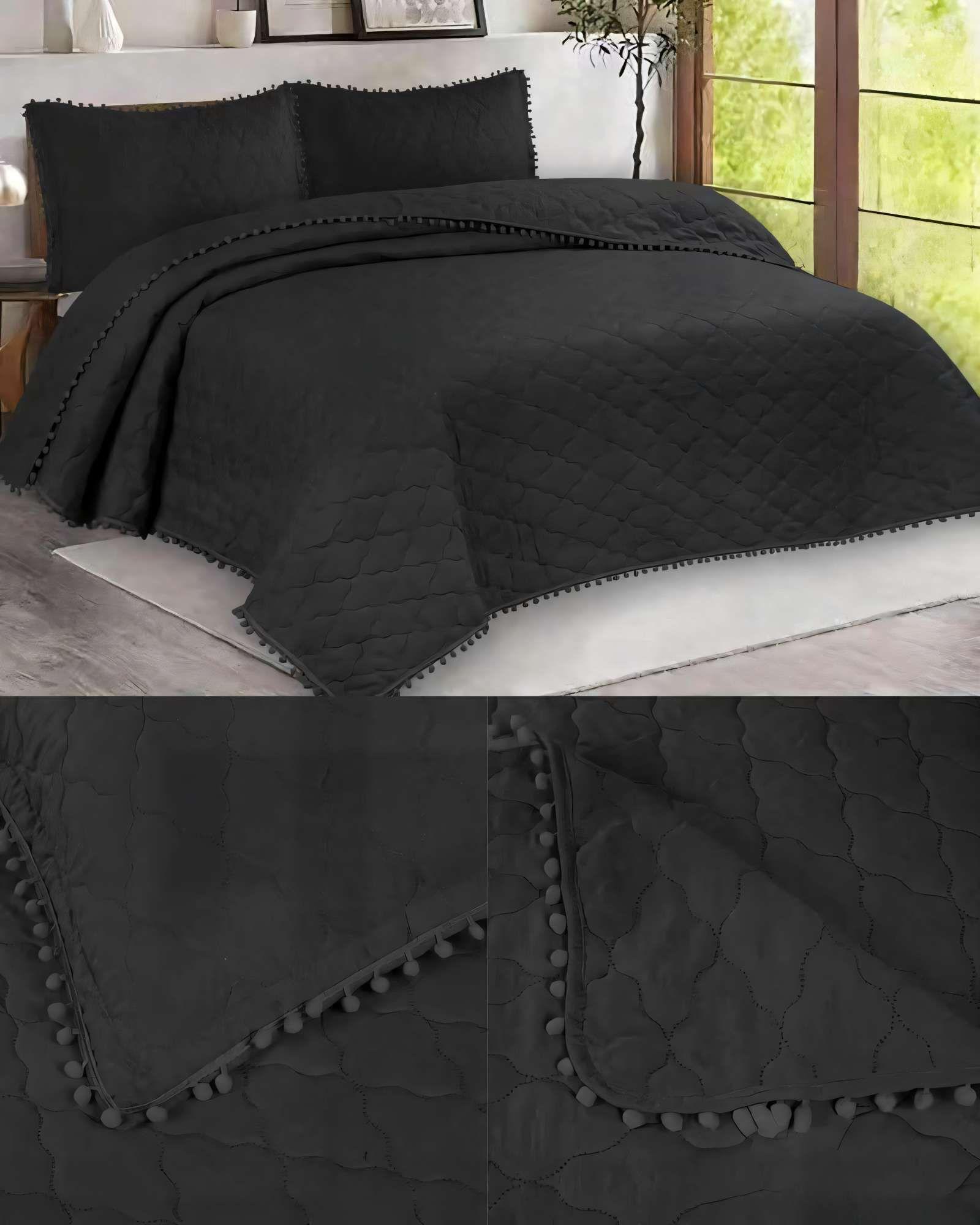 CUBRECAMA 1,5 PLAZA CON DETALLES DE POMPONES COLOR NEGRO-3