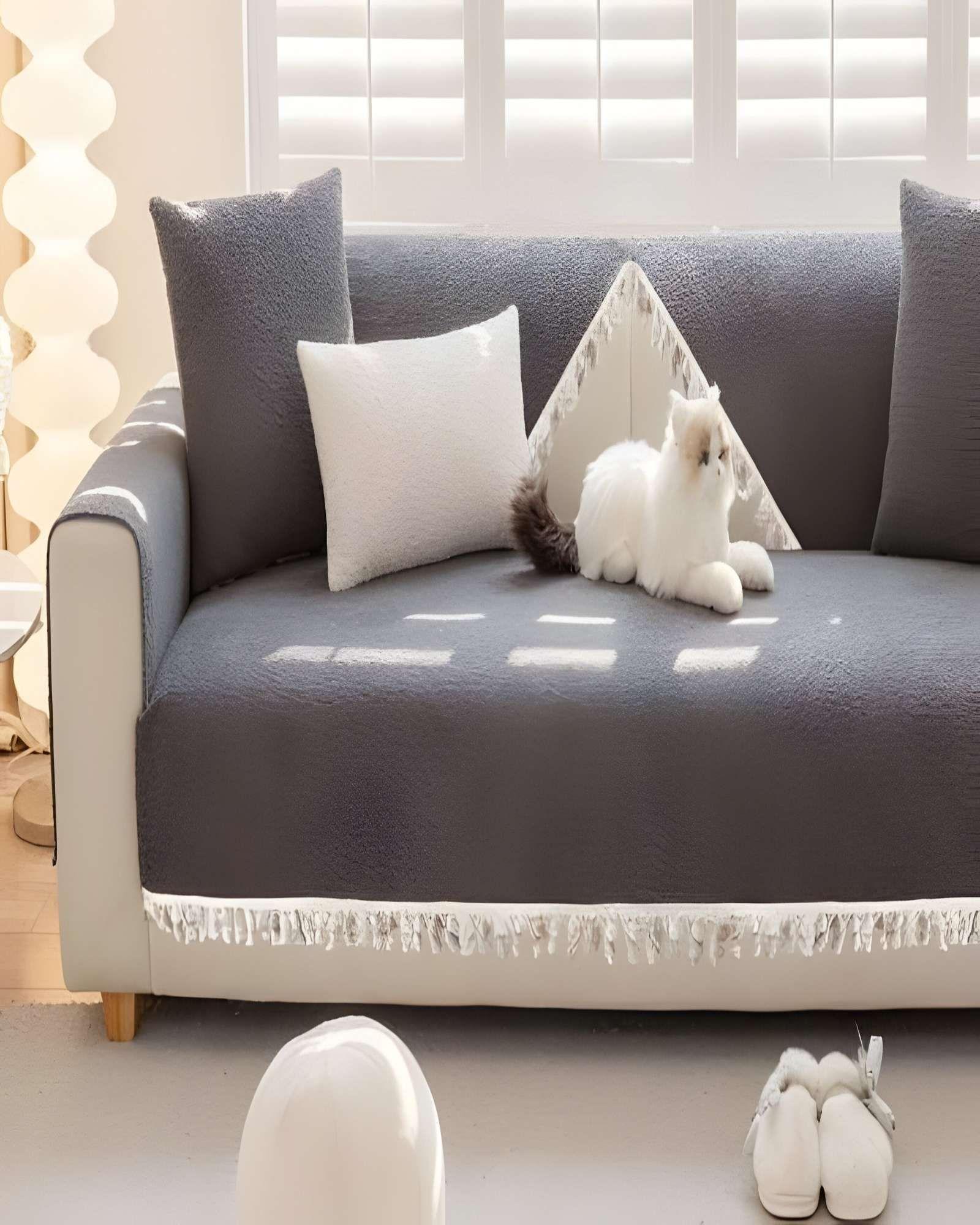 FUNDA DE SOFA DE 5 PIEZAS CON FLECOS GRIS-2