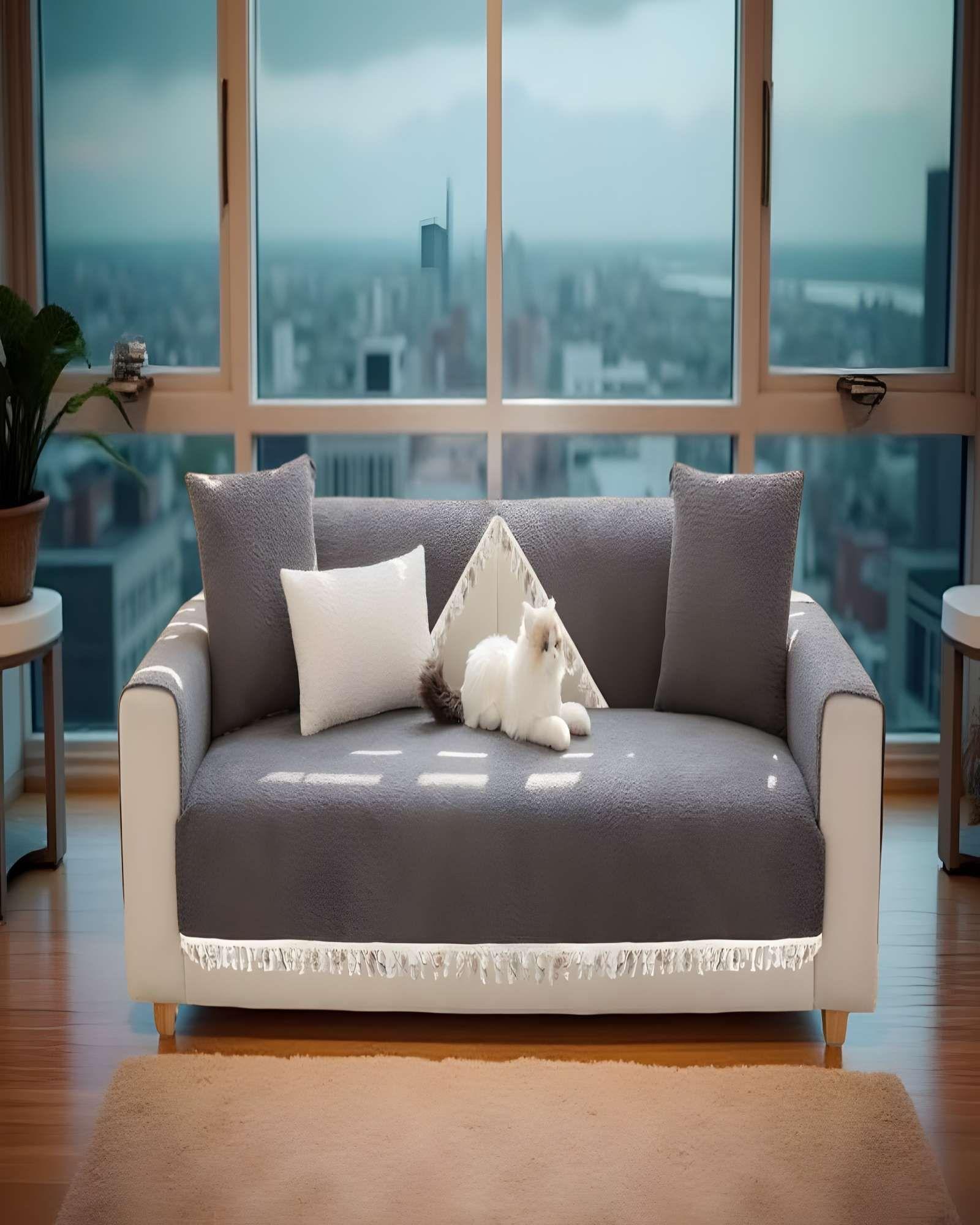 FUNDA DE SOFA DE 5 PIEZAS CON FLECOS GRIS-3