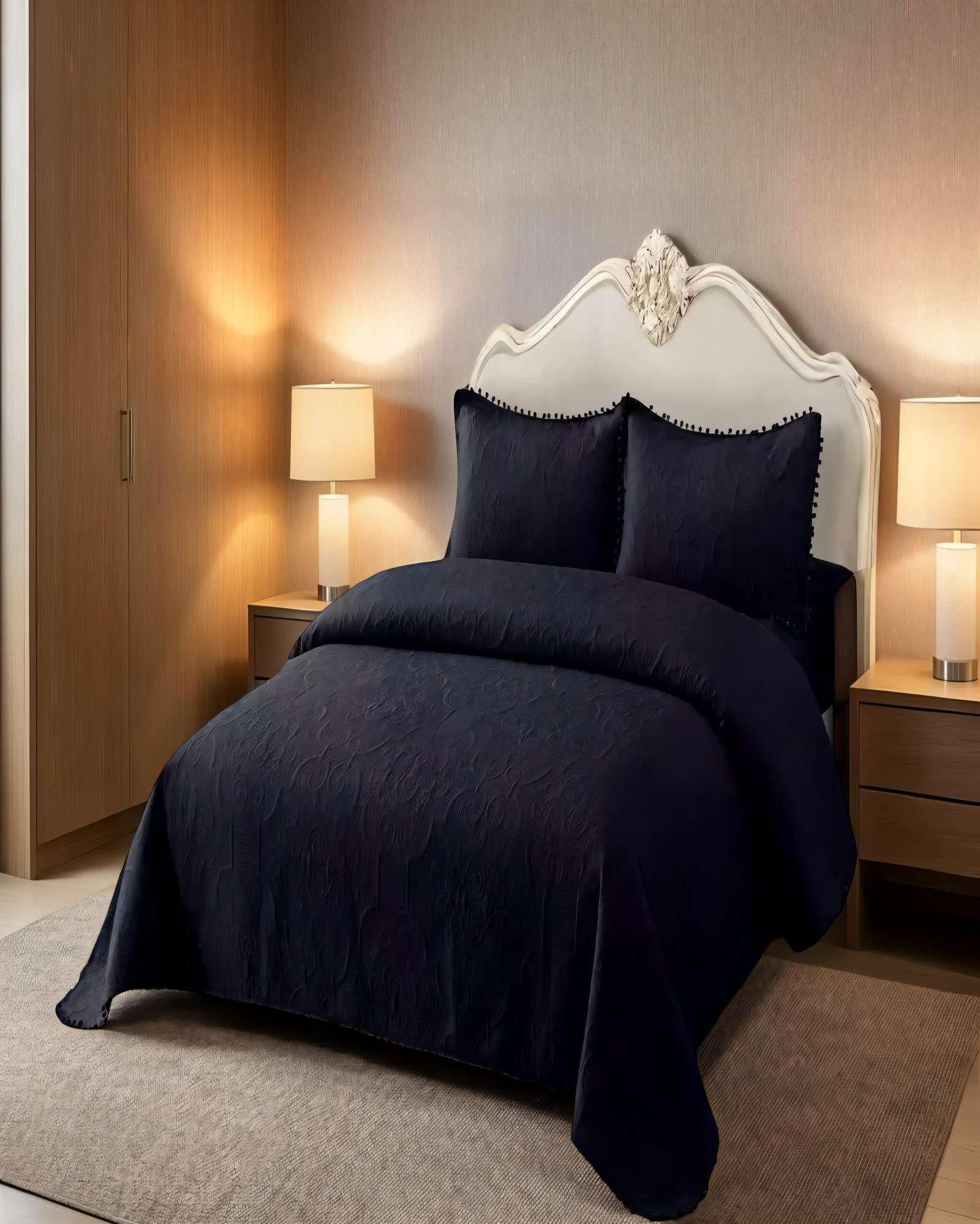 QUILT CUBRECAMA DE VERANO 2 PLAZAS CON POMPON COLOR NEGRO-3