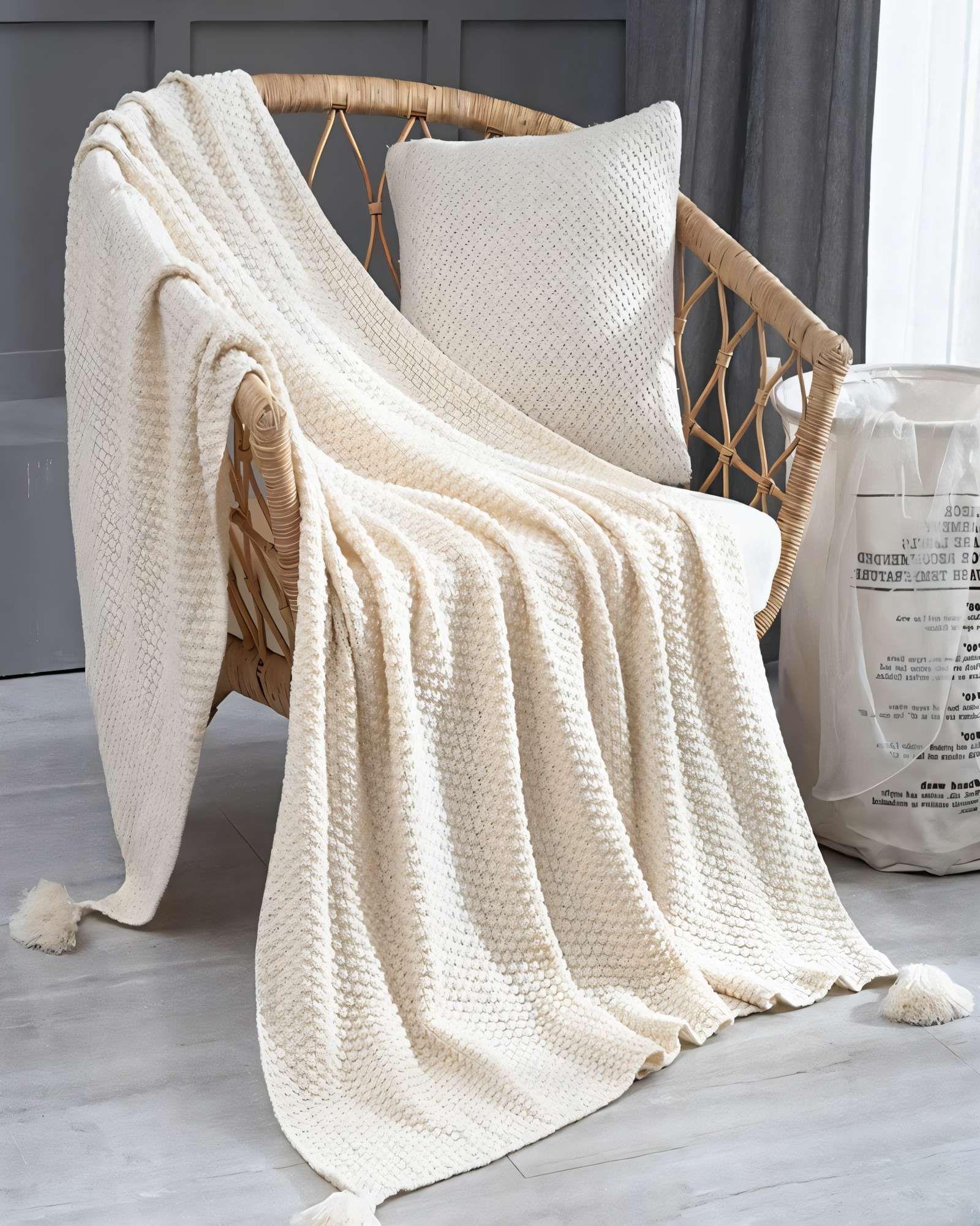 MANTA DE SOFÁ CON FLECOS DE SOGA 130CMX180CM  COLOR BLANCA-2