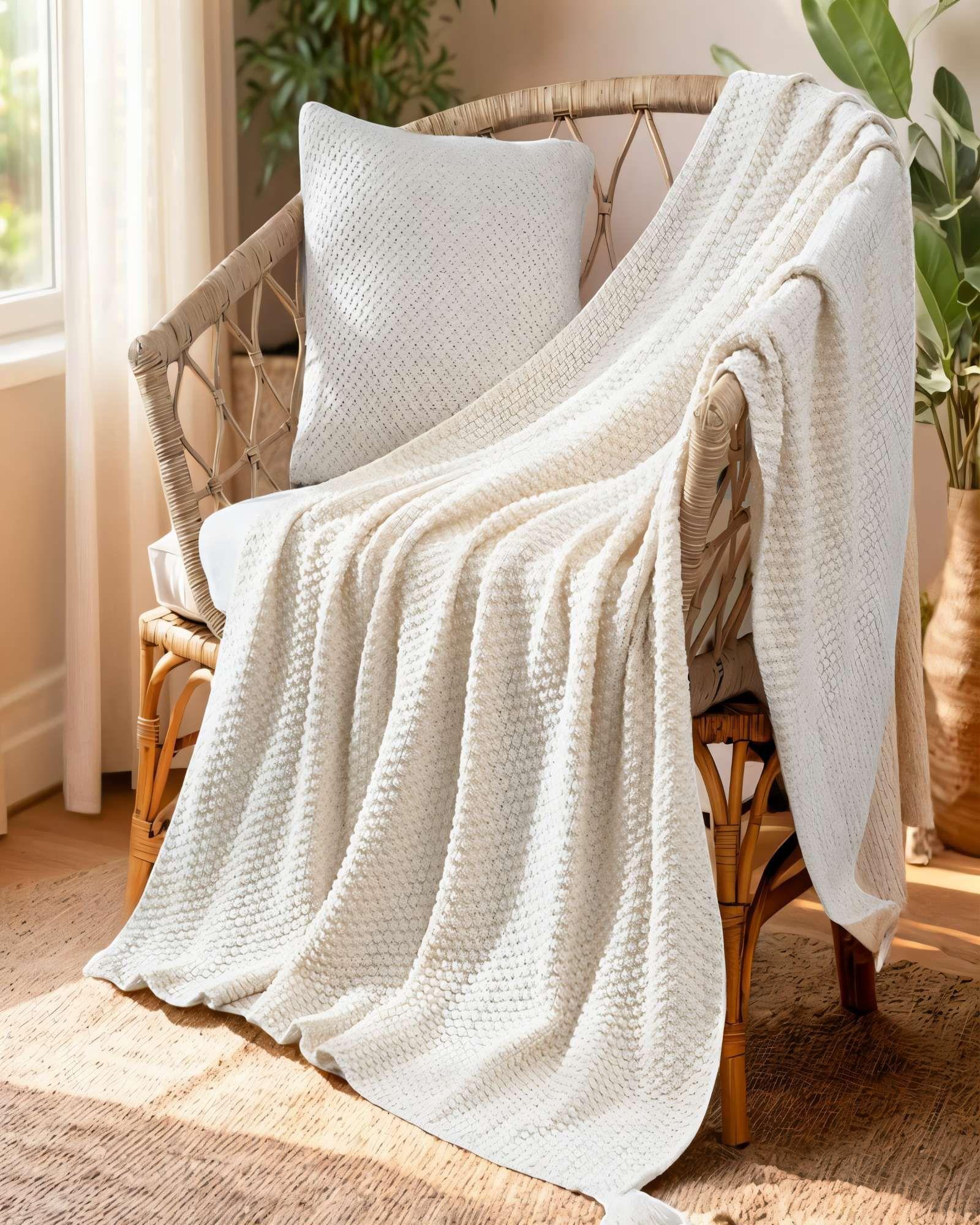 MANTA DE SOFÁ CON FLECOS DE SOGA 130CMX180CM  COLOR BLANCA-3