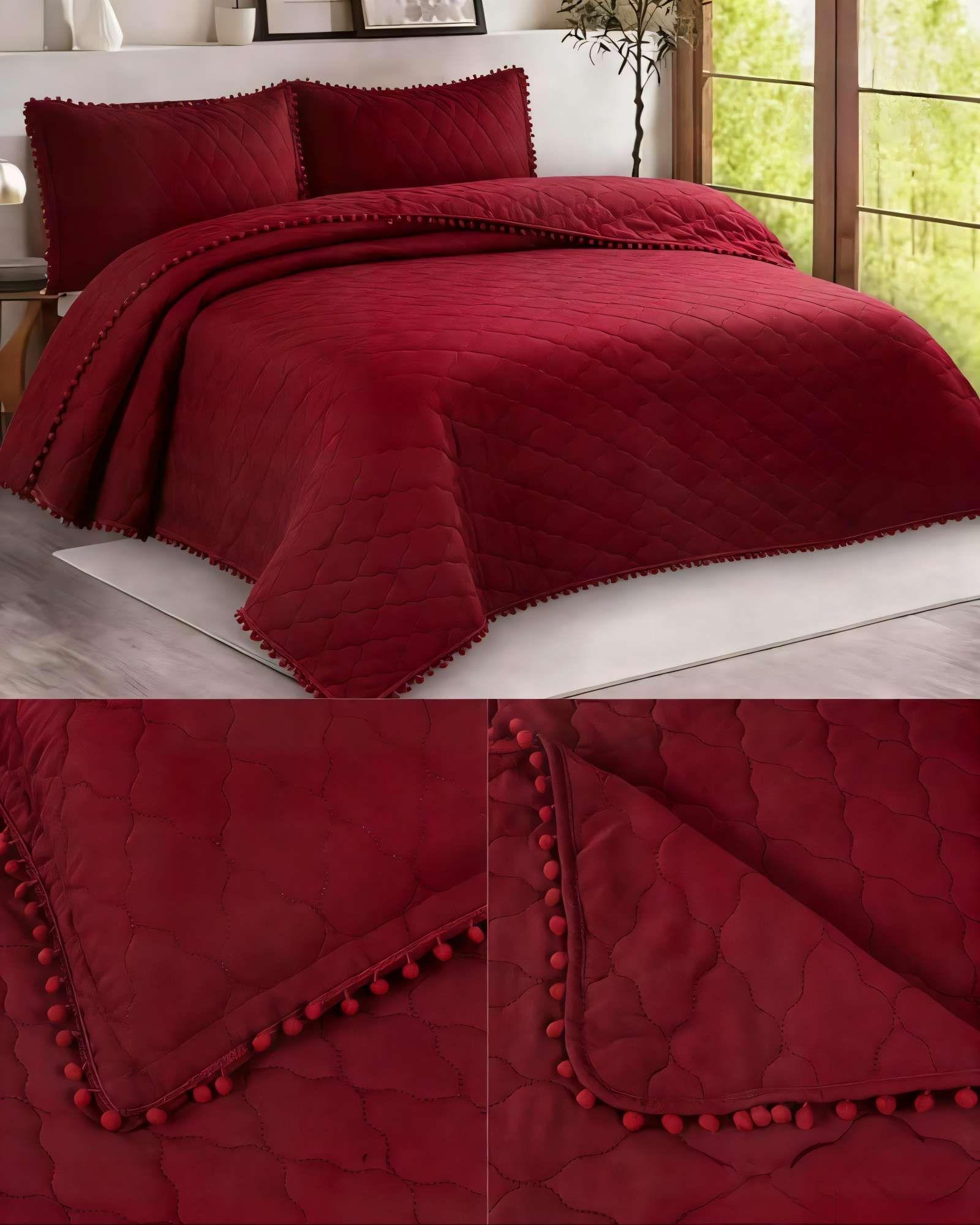 CUBRECAMA 1,5 PLAZA CON DETALLES DE POMPONES COLOR ROJO-3