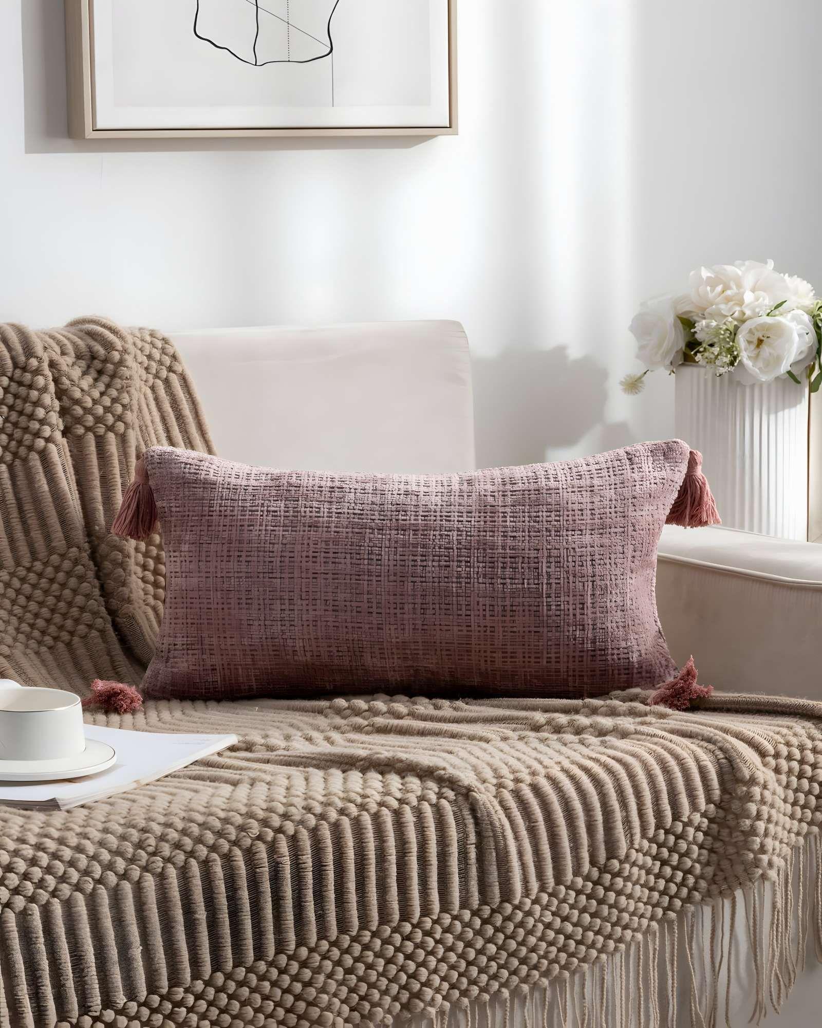 PACK DE 2 FUNDAS DE COJIN CHENILLE CON BORLAS 30X50 ROSA-3