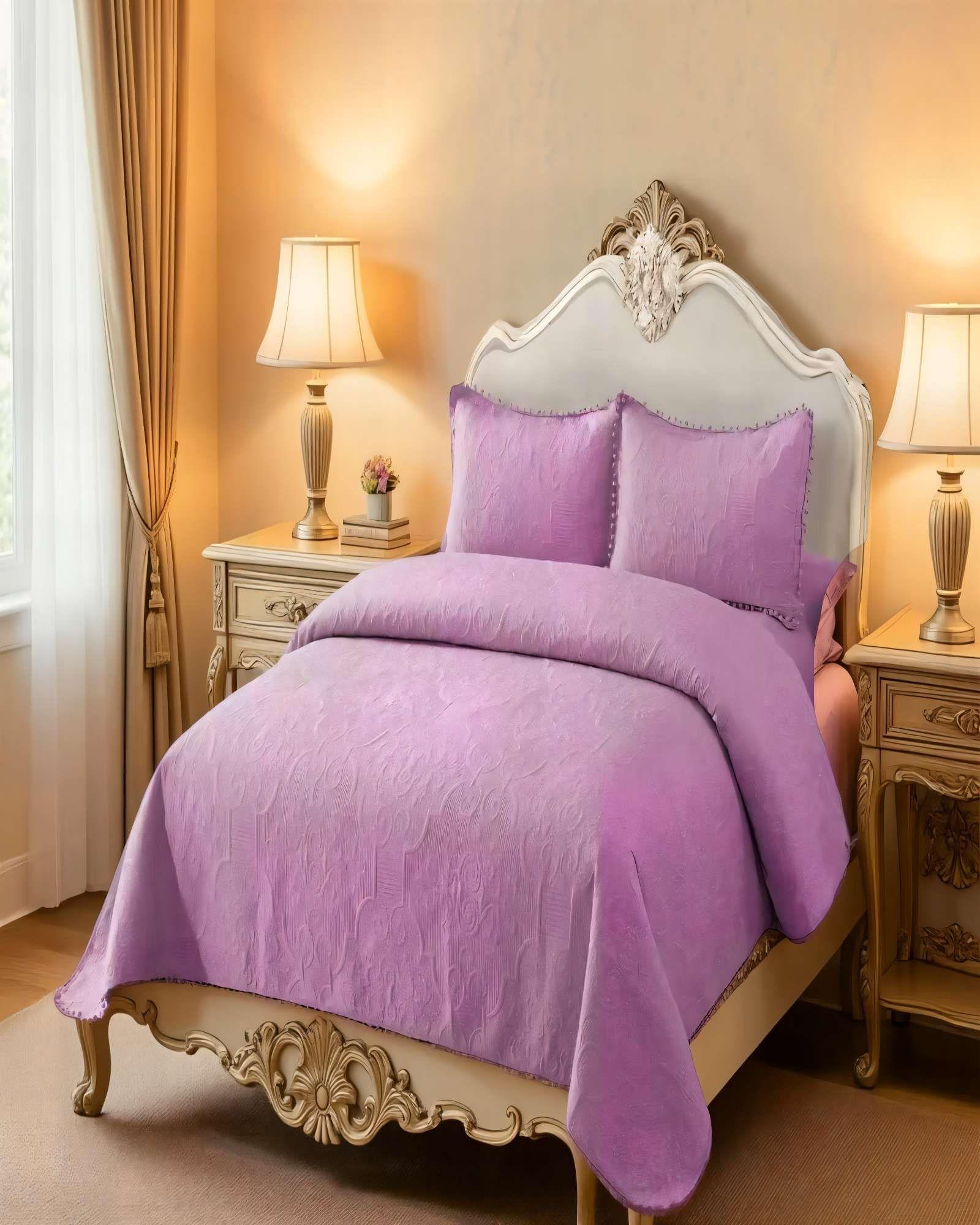 QUILT CUBRECAMA DE VERANO 2 PLAZAS CON POMPON COLOR MORADO-3