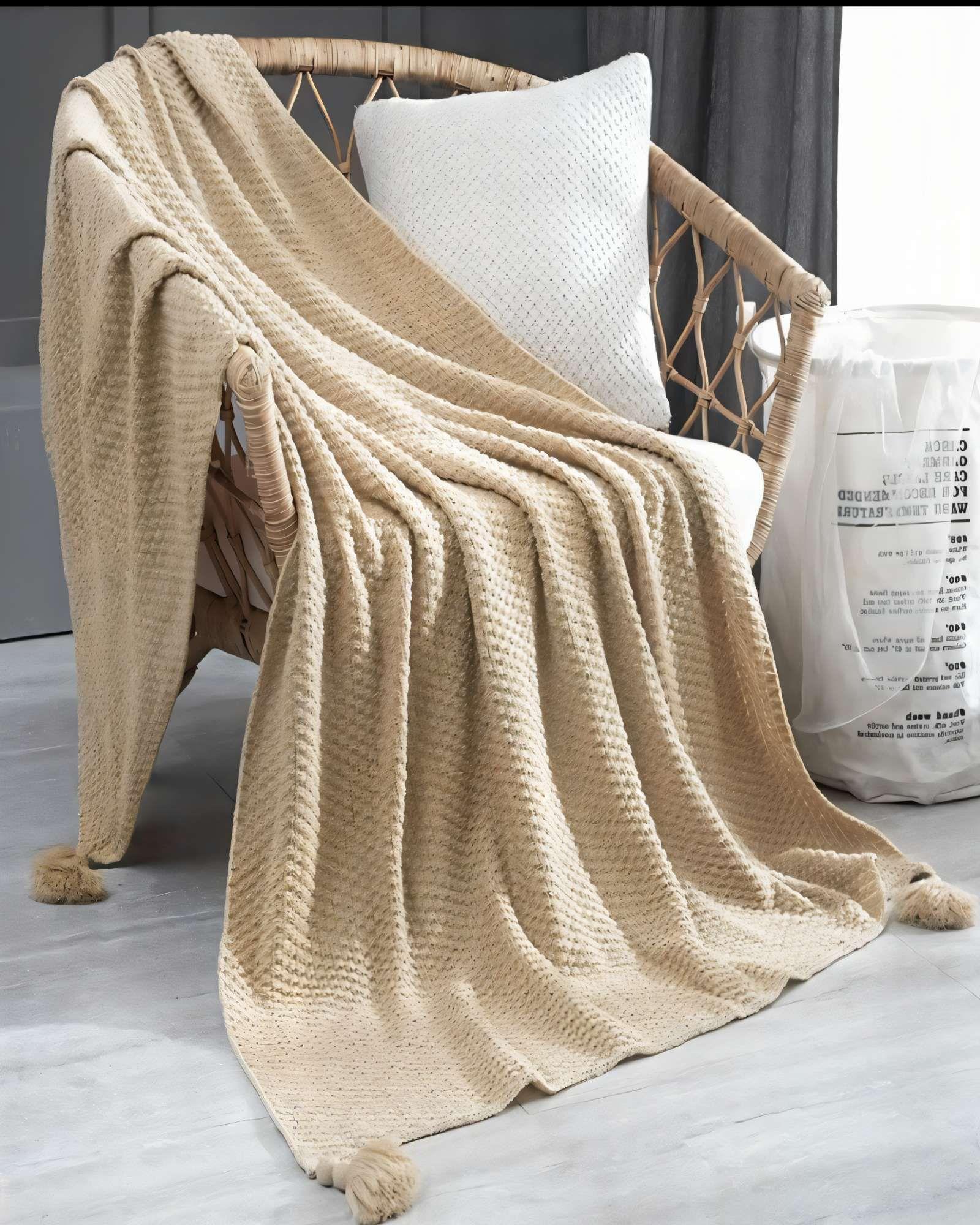 MANTA DE SOFÁ CON FLECOS DE SOGA 130CMX180CM  COLOR BEIGE -2