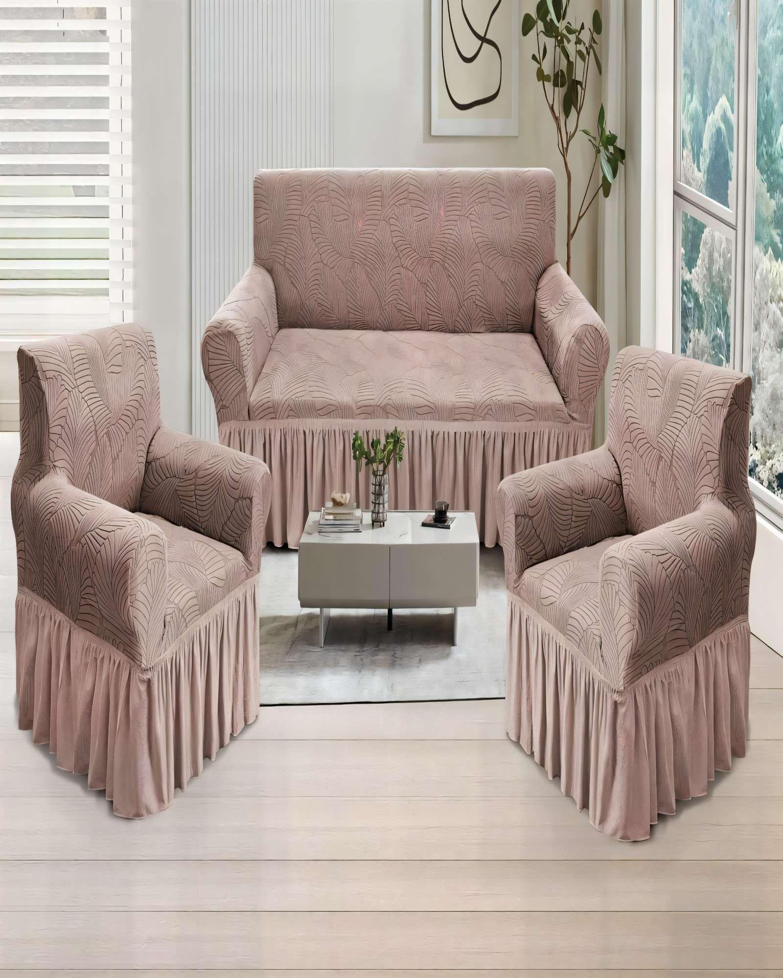 PACK DE FUNDAS DE SOFA 3+1+1 CON DISEÑO EN FORMA DE HOJA CON VELO 3-1-1 COLOR CAFÉ CLARO-2