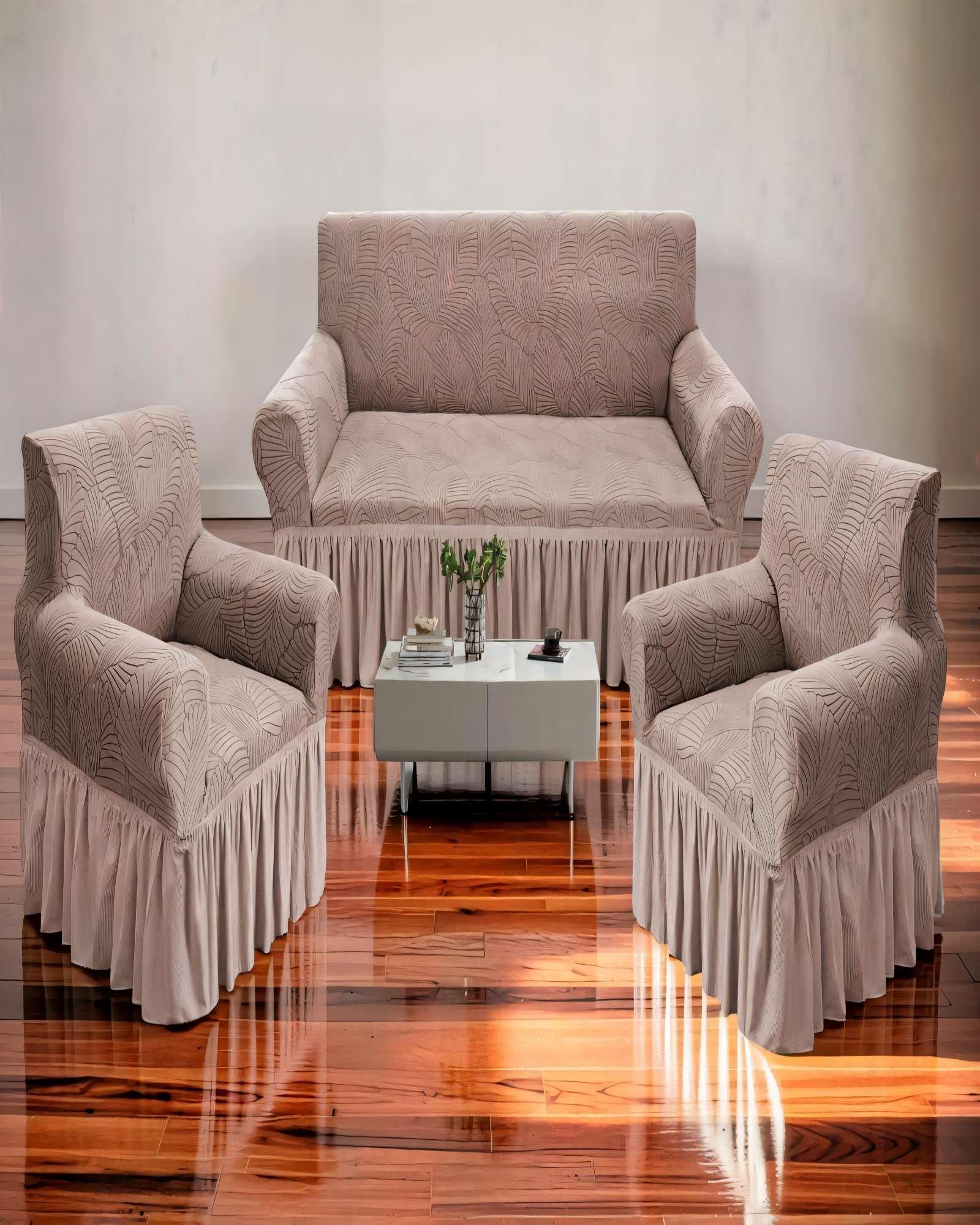 PACK DE FUNDAS DE SOFA 3+1+1 CON DISEÑO EN FORMA DE HOJA CON VELO 3-1-1 COLOR CAFÉ CLARO-3