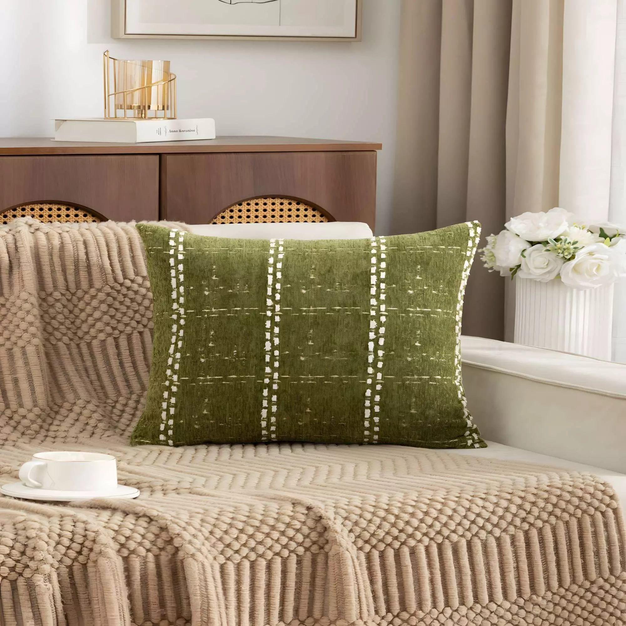 PACK DE 2 FUNDAS DE COJIN CHENILLE CUADRILLE COLOR VERDE-2