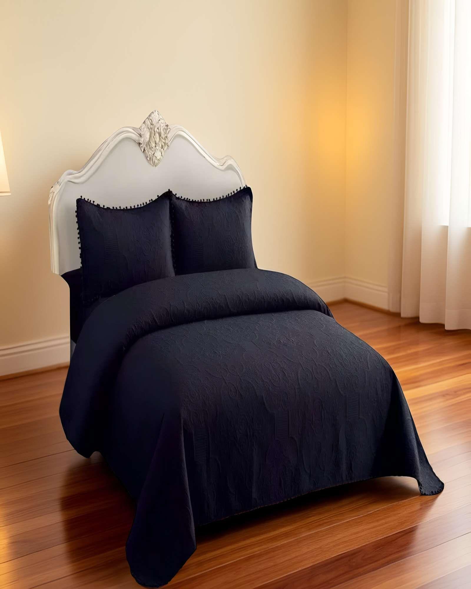 QUILT CUBRECAMA DE VERANO KING CON POMPON COLOR NEGRO-3