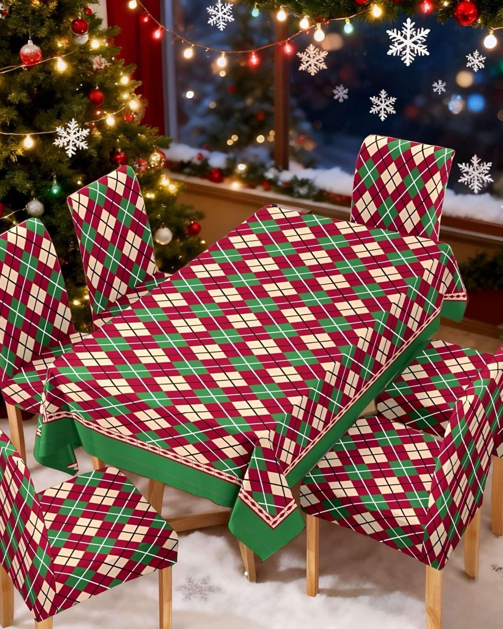 PACK DE MANTEL CON 6 FUNDAS DE SILLAS ANTIMANCHAS NAVIDEÑO 140X220 CM J2-3