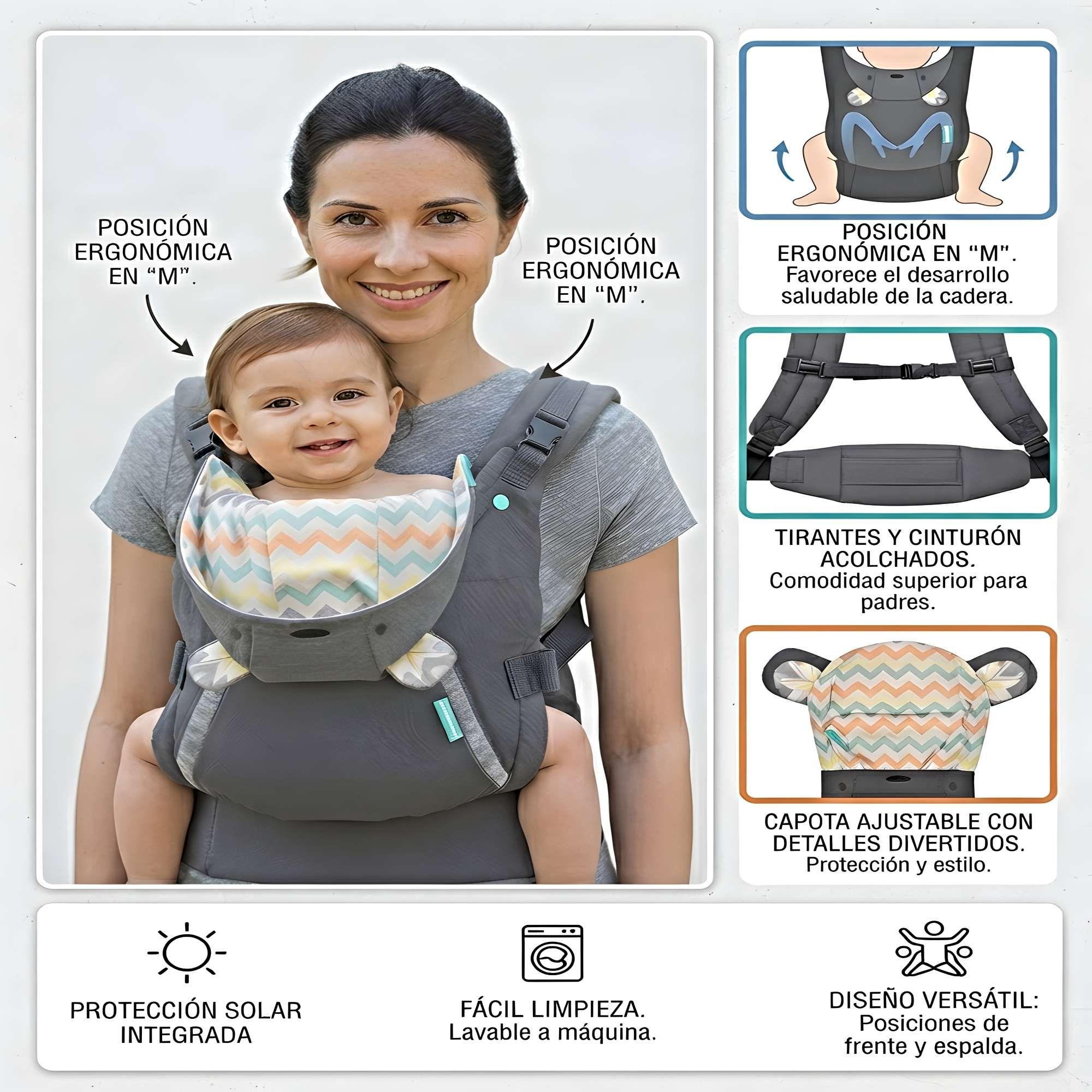PORTABEBÉS ERGONOMICO CON CAPUCHA 4 EN 1 AJUSTABLE GRIS C-3