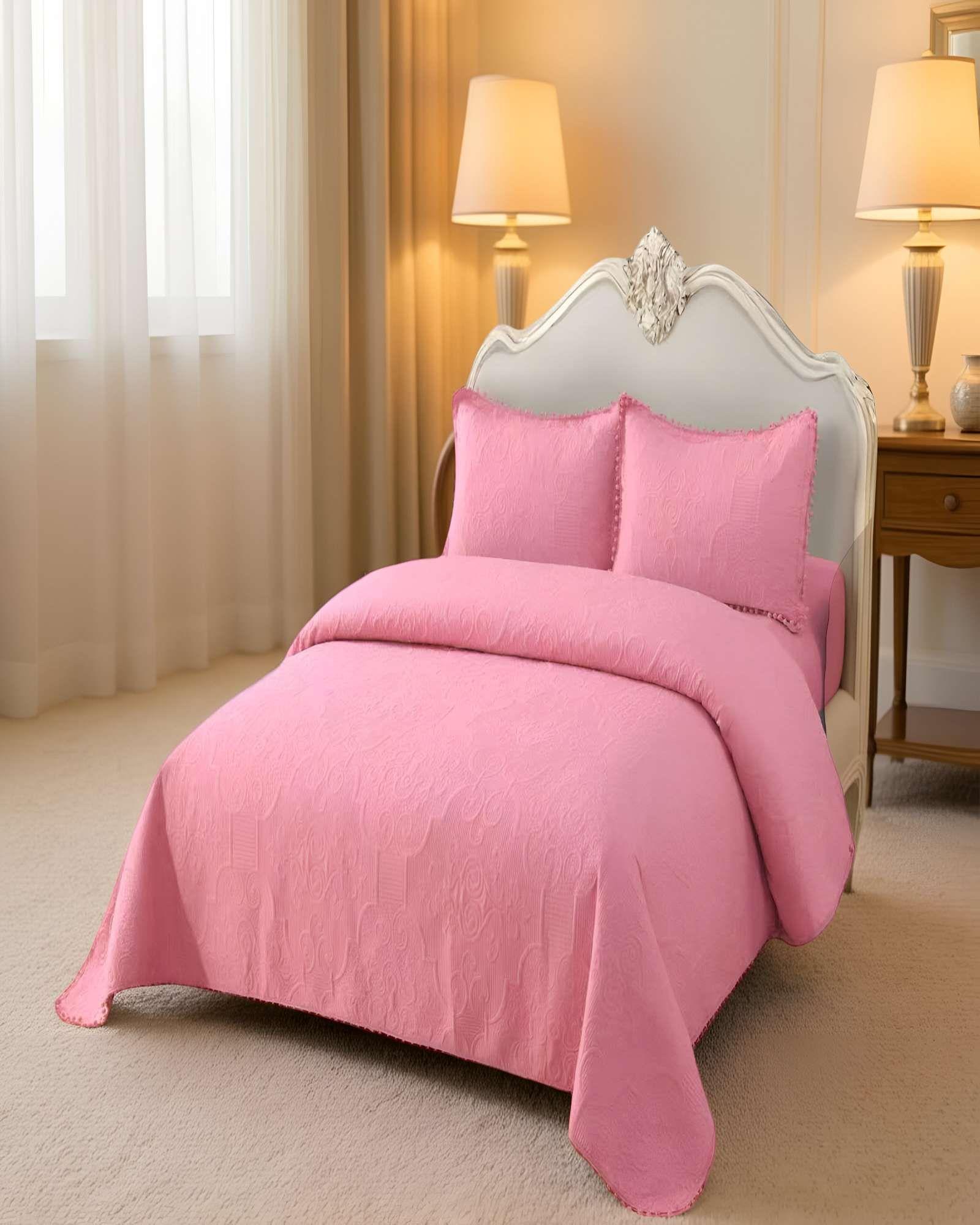 QUILT CUBRECAMA DE VERANO KING CON POMPON COLOR ROSADO-2