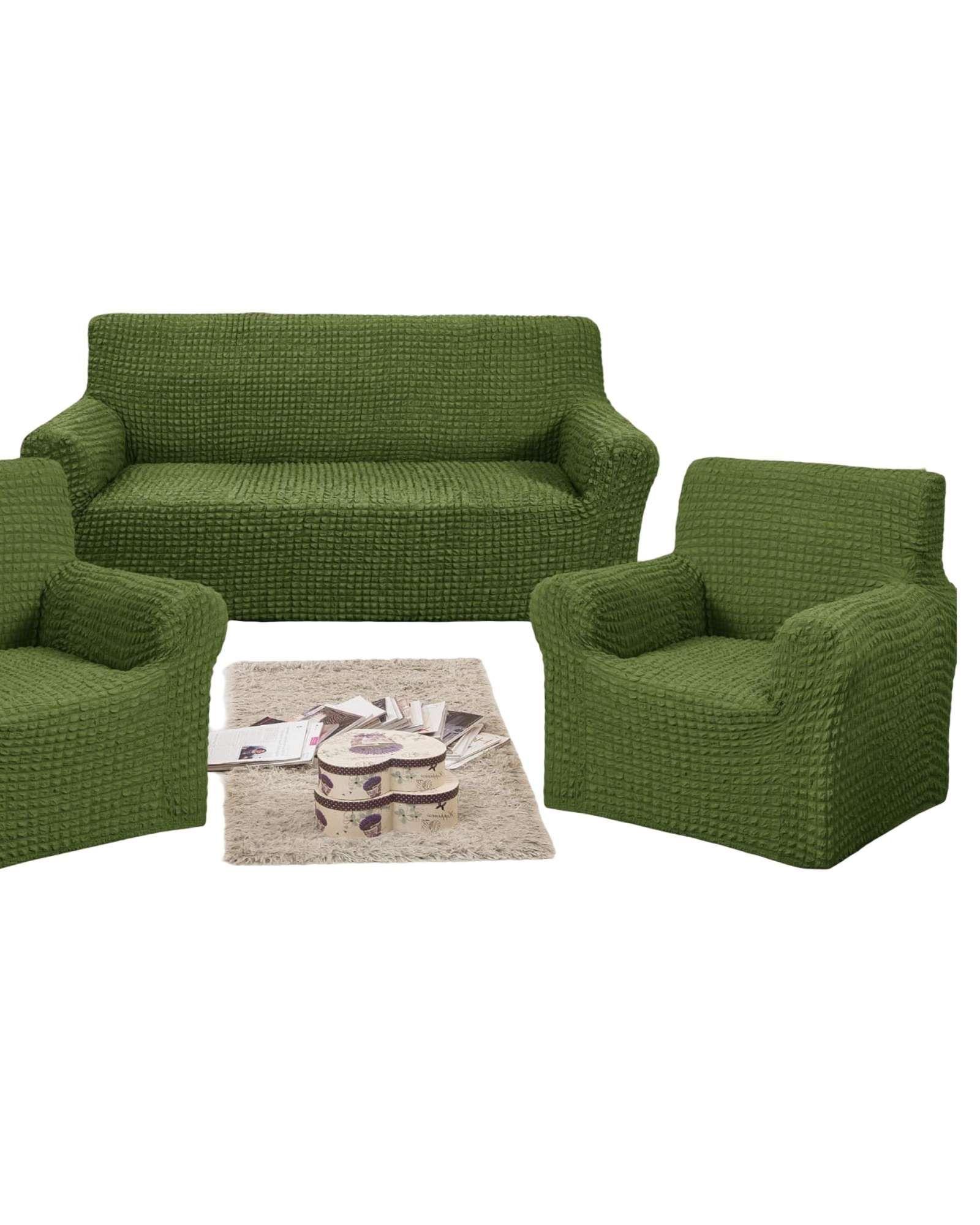 PACK DE FUNDAS DE SOFA 3+1+1 - DISEÑO CUADRILLE VERDE OLIVA-1