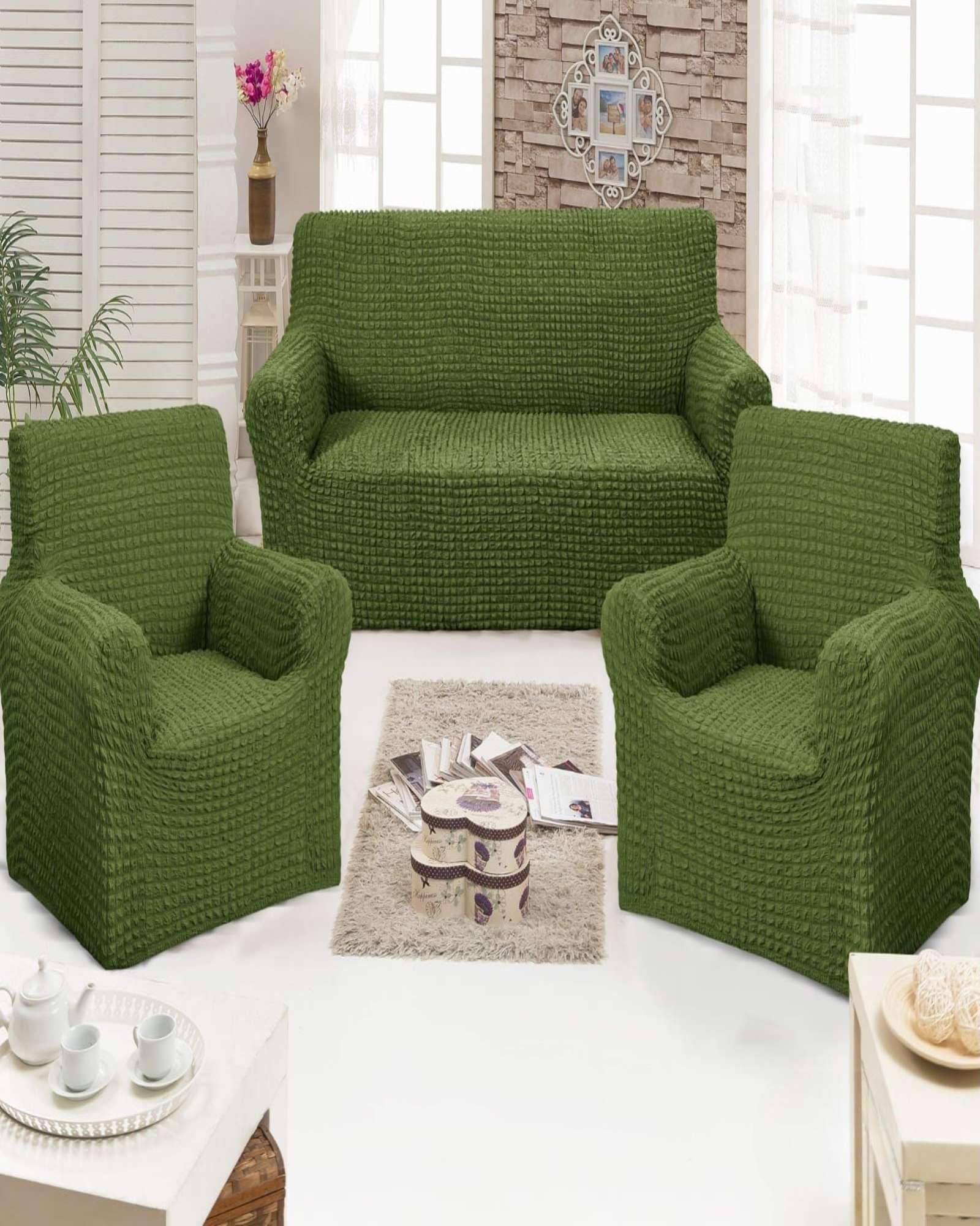 PACK DE FUNDAS DE SOFA 3+1+1 - DISEÑO CUADRILLE VERDE OLIVA-3