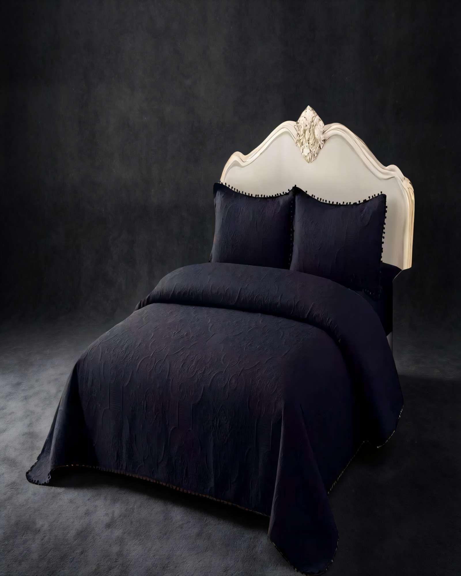 QUILT CUBRECAMA DE VERANO 1,5 PLAZAS CON POMPON COLOR NEGRO-2