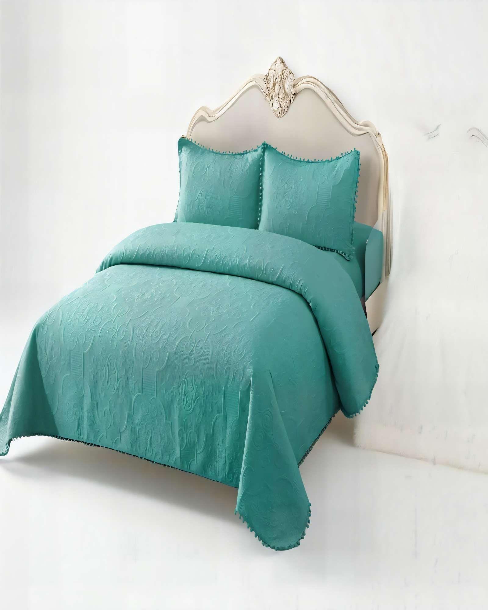 QUILT CUBRECAMA DE VERANO 1,5 PLAZAS CON POMPON COLOR TURQUESA-2