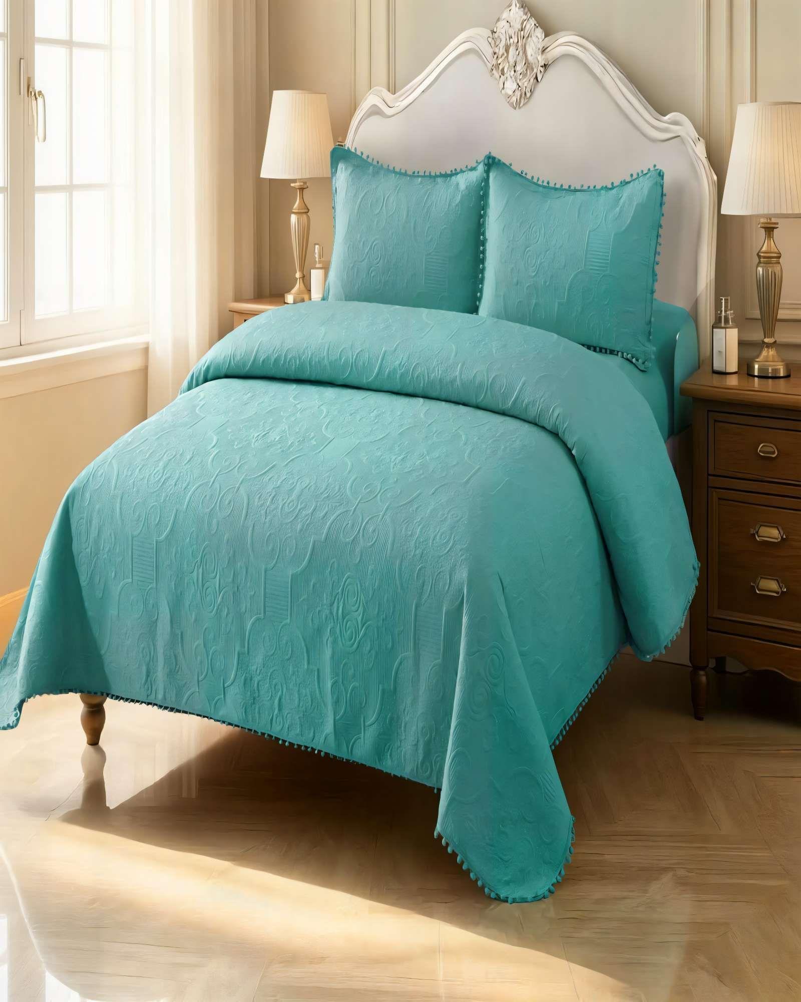 QUILT CUBRECAMA DE VERANO 1,5 PLAZAS CON POMPON COLOR TURQUESA-3