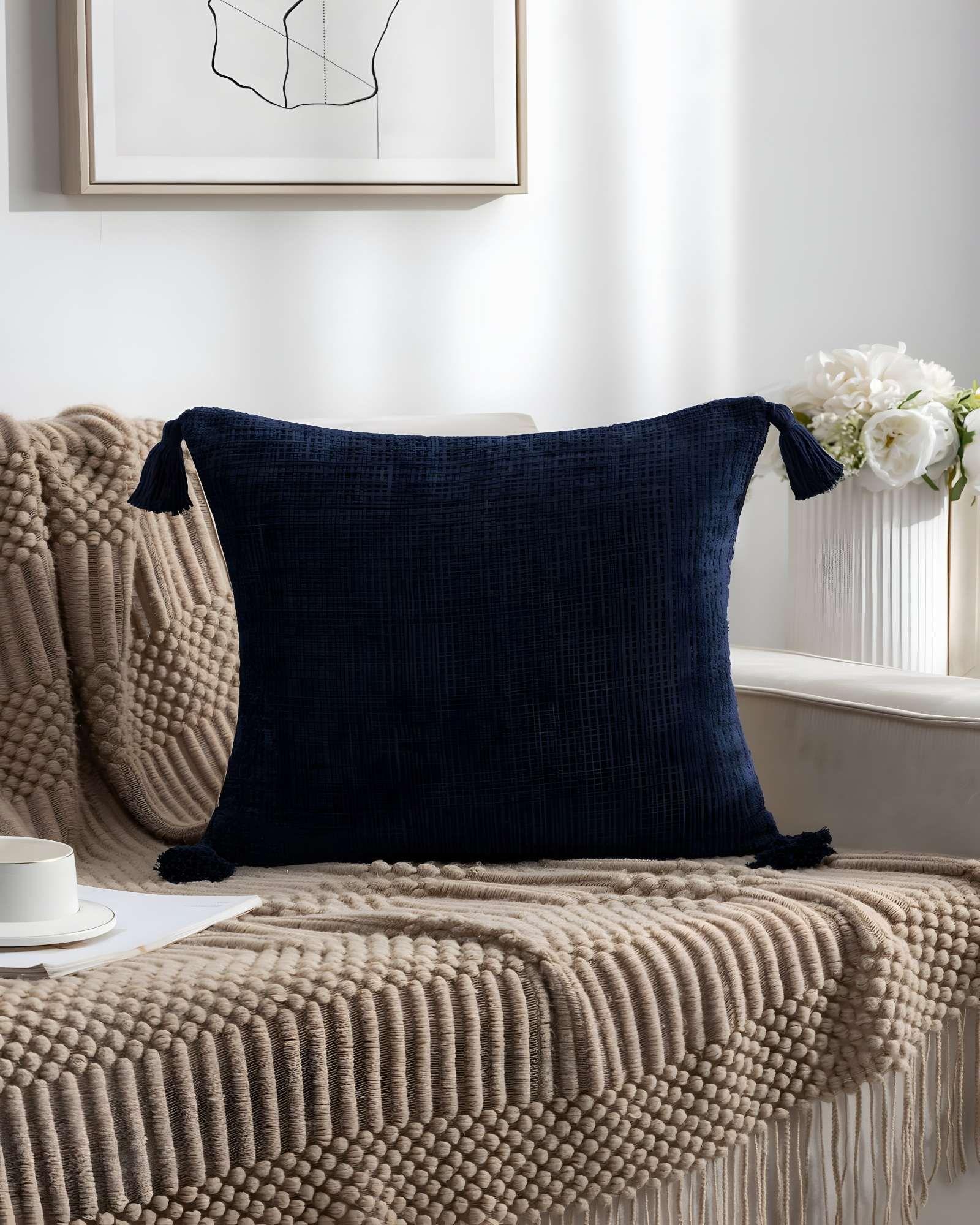 PACK DE 2 FUNDAS DE COJIN CHENILLE CON BORLAS 45X45 AZUL OSCURO-2