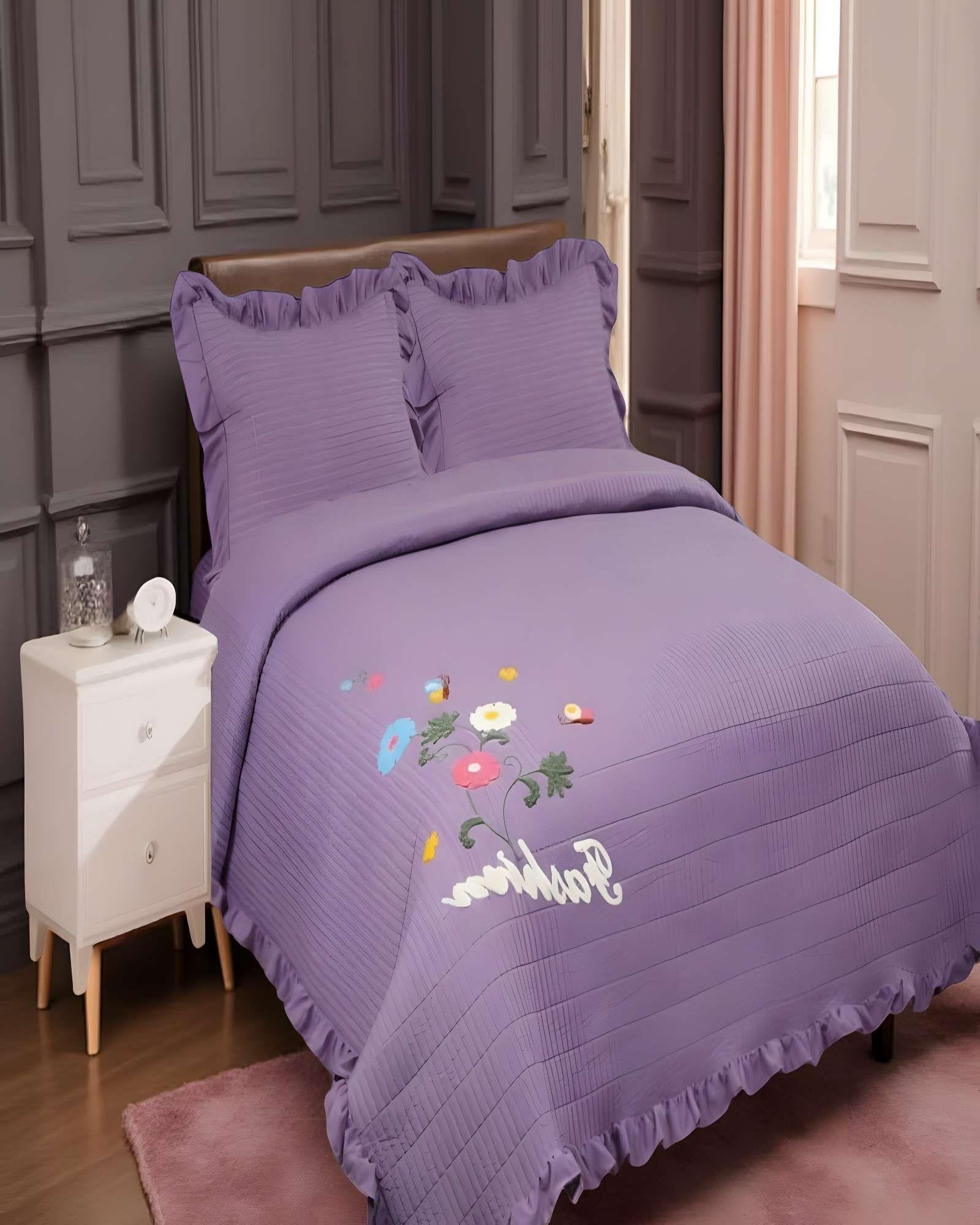 QUILT CUBRECAMA DE VERANO CON FLORES BORDADAS 2 PLAZAS MORADO-3
