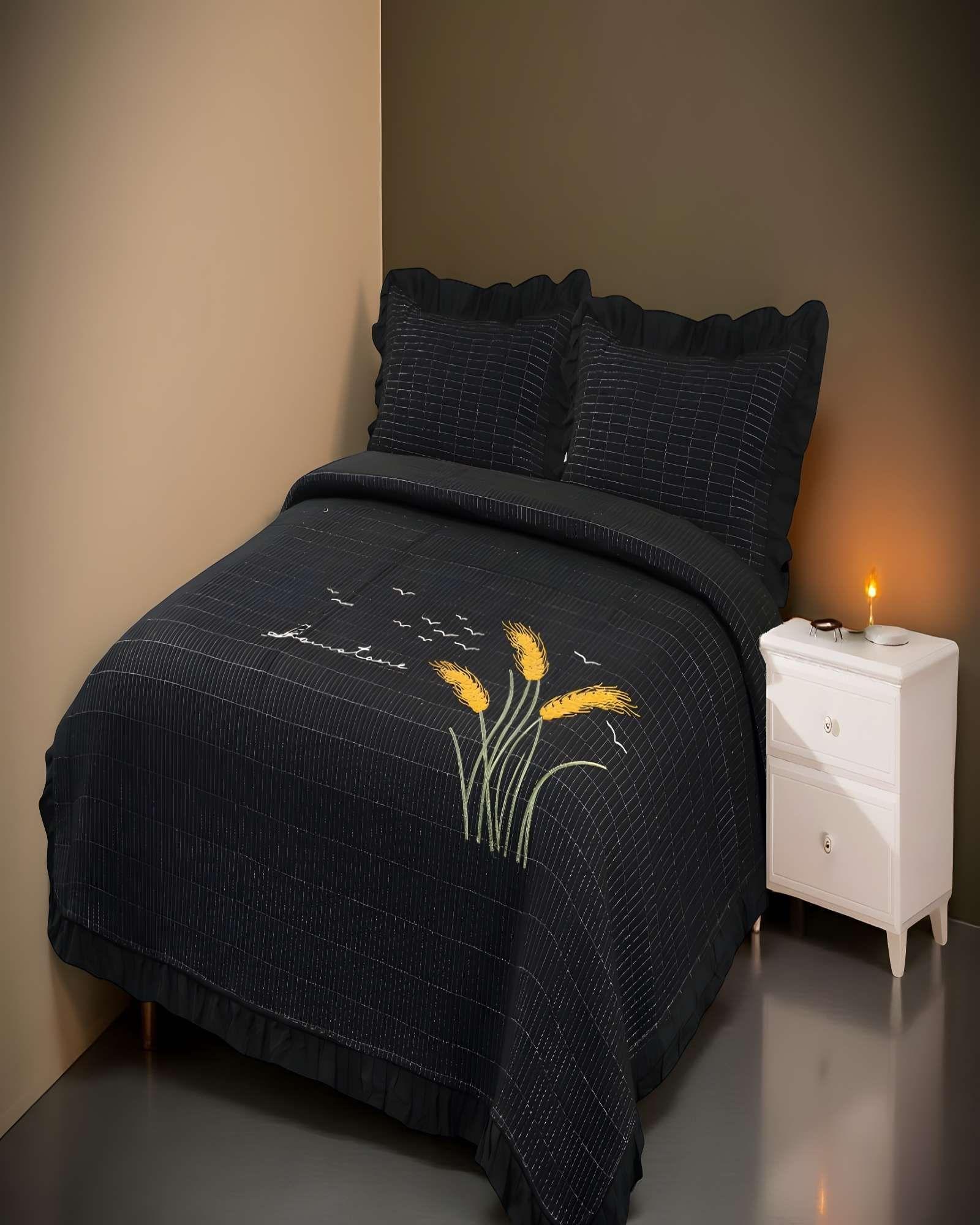 QUILT CUBRECAMA DE VERANO CON FLORES BORDADAS 2 PLAZAS NEGRO 2-2