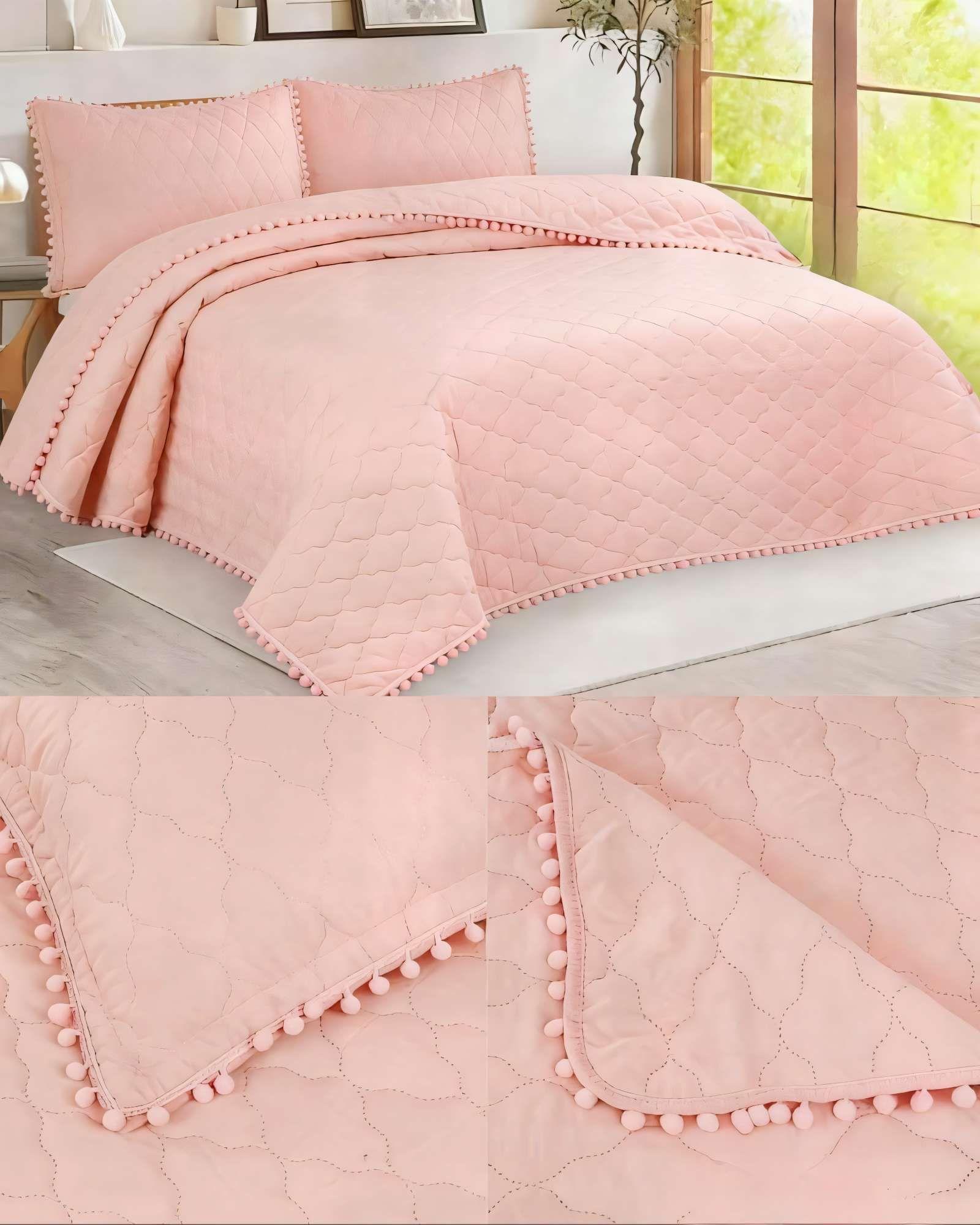 CUBRECAMA KING CON DETALLES DE POMPONES COLOR ROSADO-3