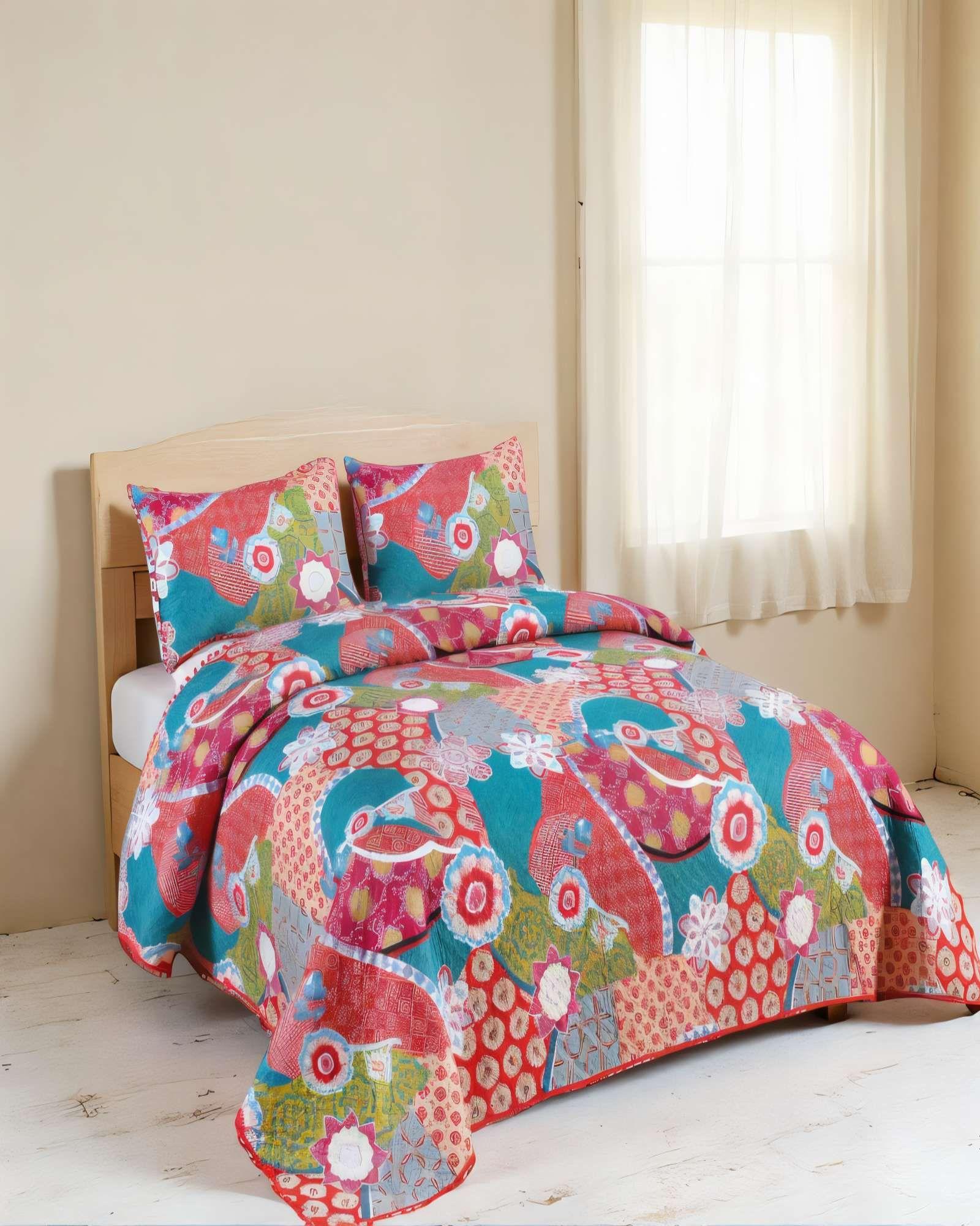 CUBRECAMA DE VERANO CON POMPON Y DISENO 2P MULTICOLOR 02-2