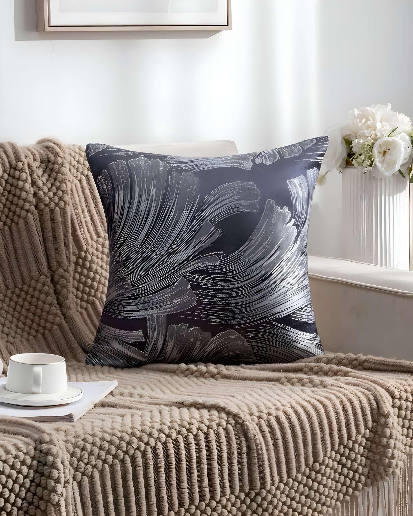 SET DE 4 FUNDAS DE COJINES SATIN DISEÑO HOJAS 45CM X 45 CM GRIS-3