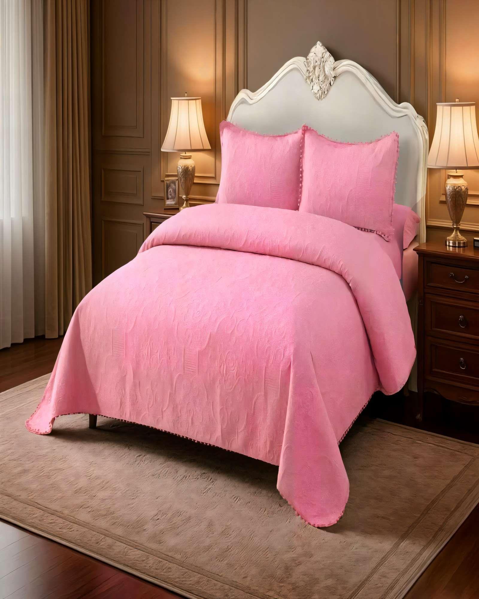 QUILT CUBRECAMA DE VERANO 1,5 PLAZAS CON POMPON COLOR ROSADO-2