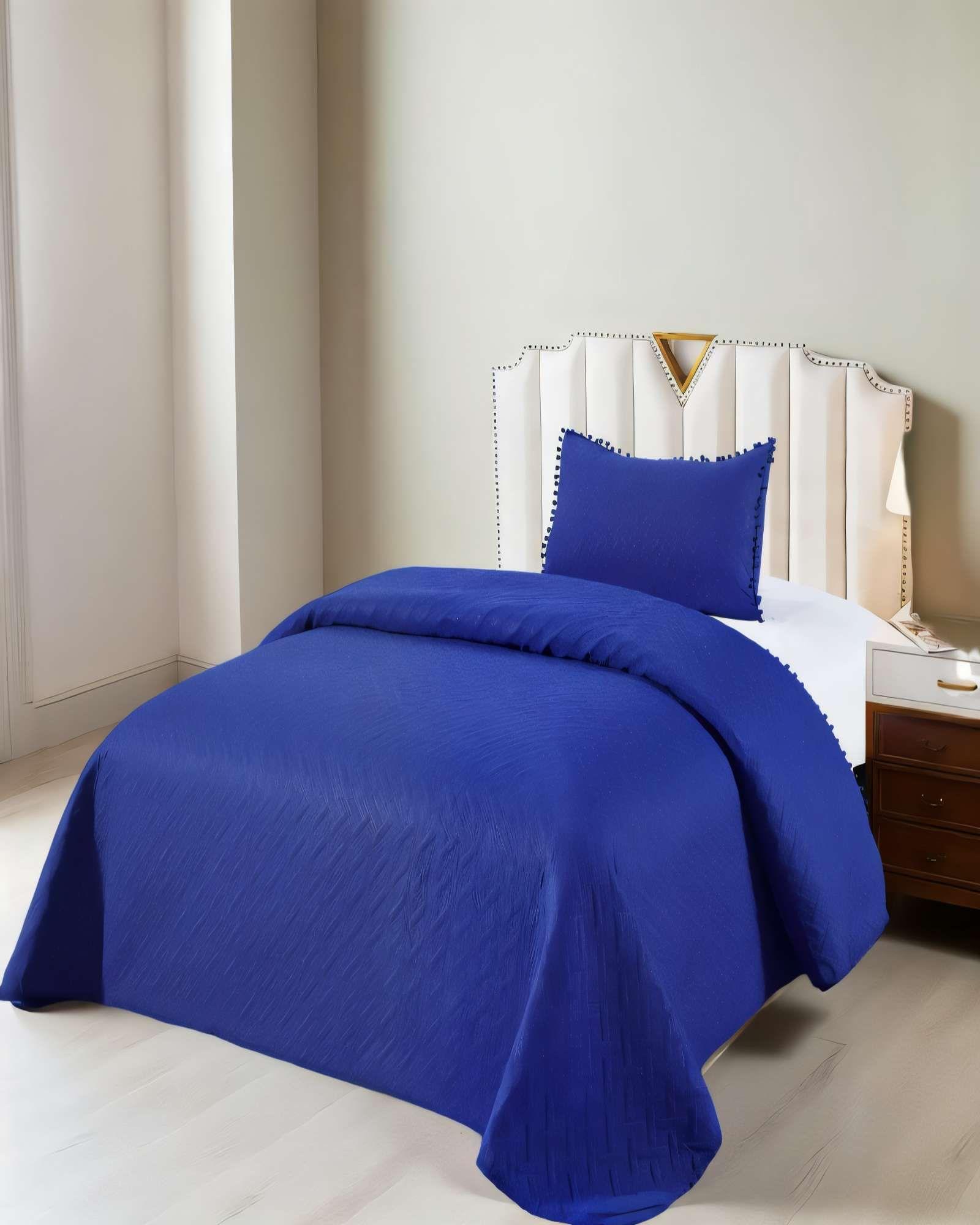 CUBRECAMA DE VERANO UNICOLOR CON POMPON 2P COLOR AZUL-2