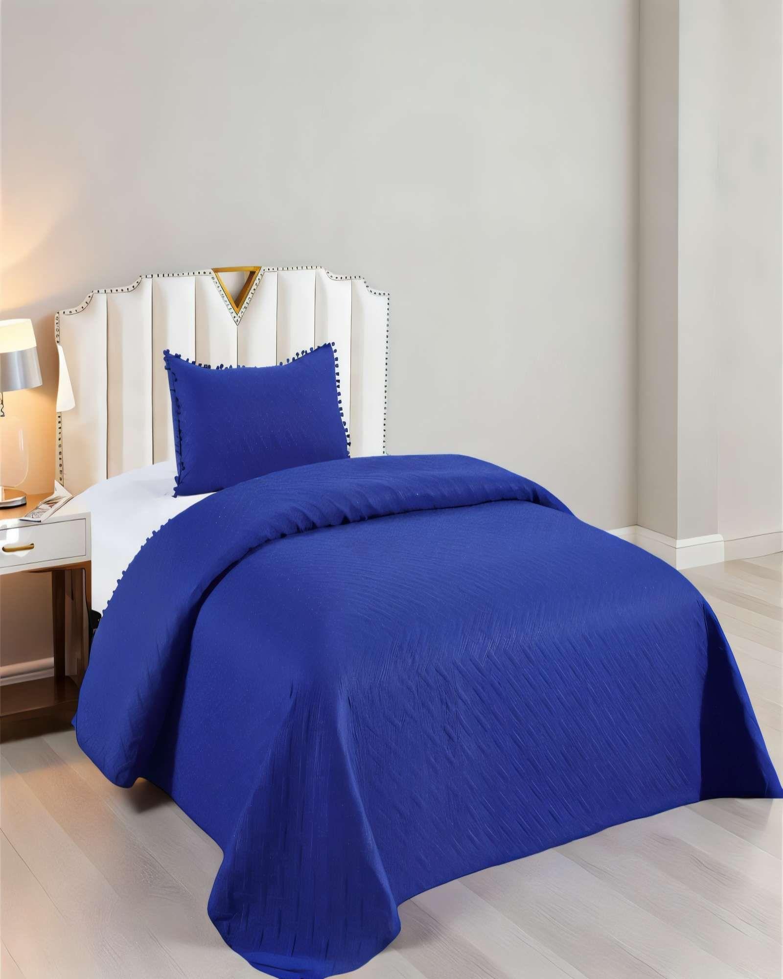 CUBRECAMA DE VERANO UNICOLOR CON POMPON 2P COLOR AZUL-3