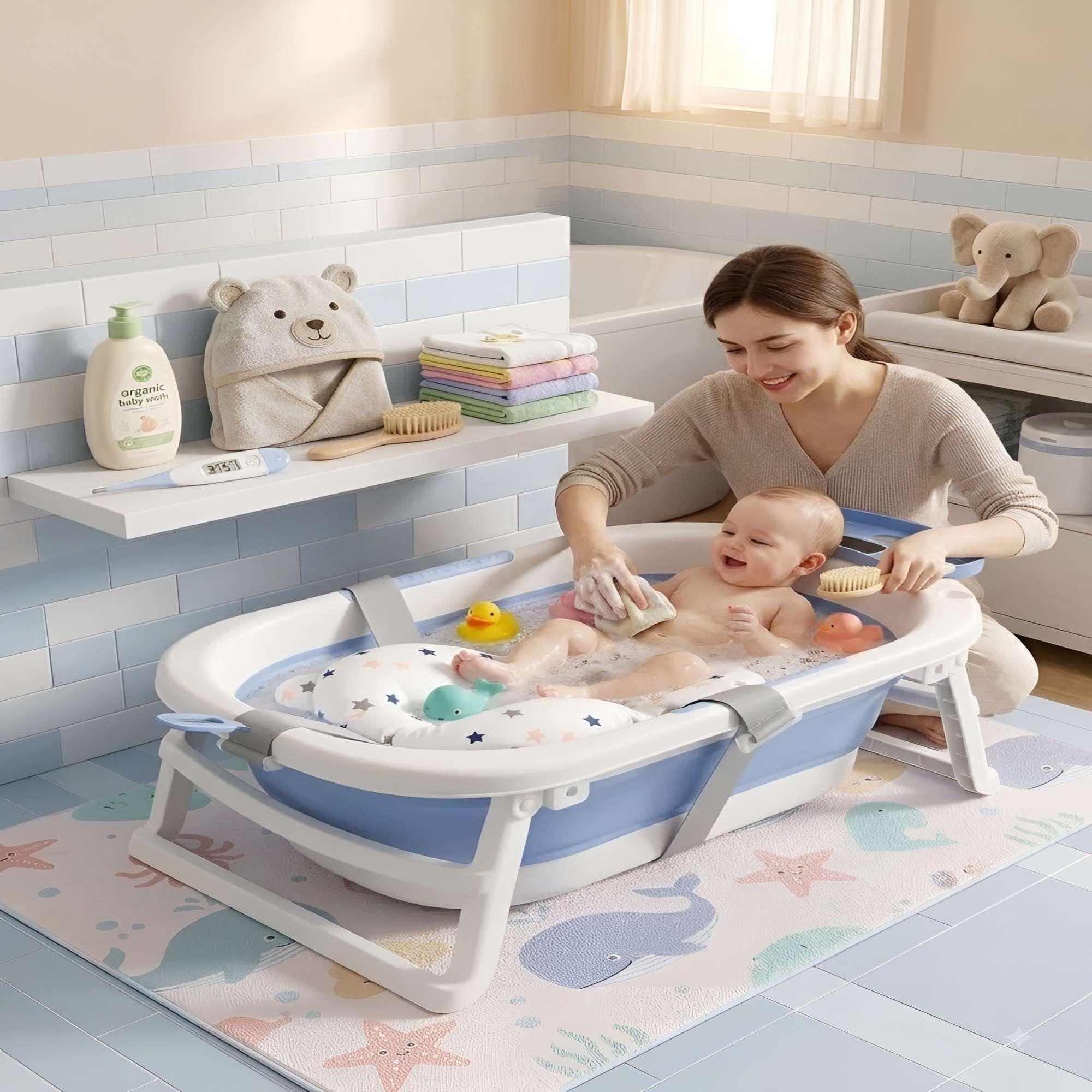 BAÑERA PORTATIL CON TERMOMETRO Y COJIN DE APOYO CON DISEÑO DE ESTRELLAS COLOR AZUL-0