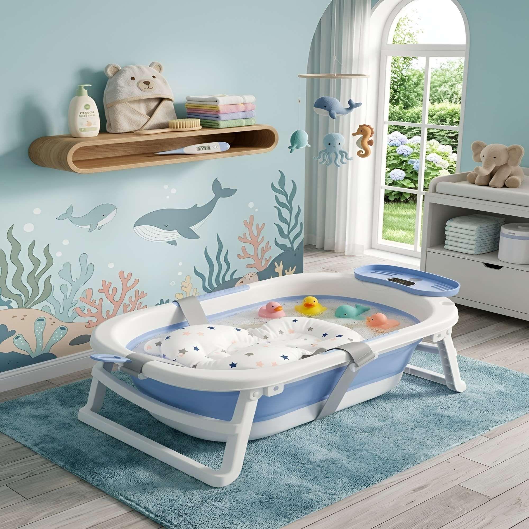 BAÑERA PORTATIL CON TERMOMETRO Y COJIN DE APOYO CON DISEÑO DE ESTRELLAS COLOR AZUL-1