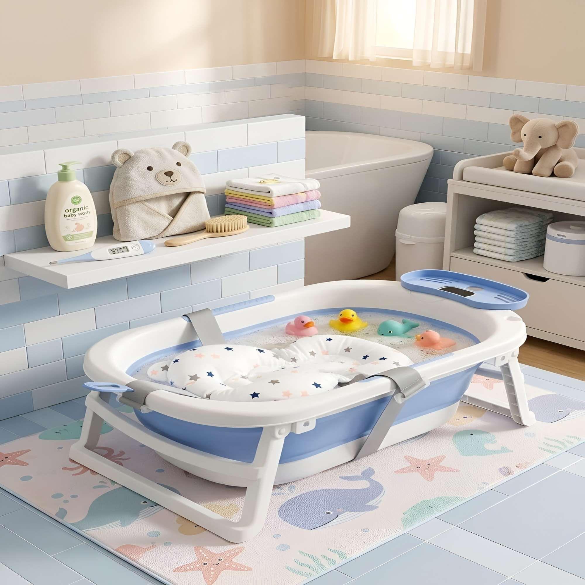 BAÑERA PORTATIL CON TERMOMETRO Y COJIN DE APOYO CON DISEÑO DE ESTRELLAS COLOR AZUL-2