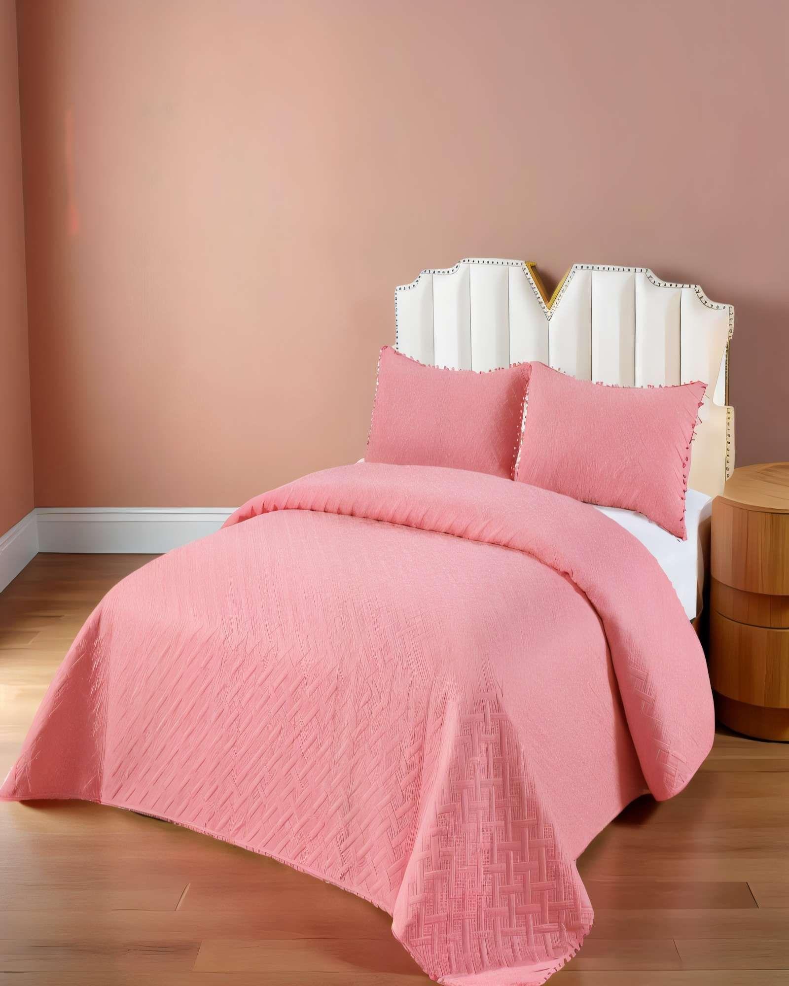CUBRECAMA DE VERANO UNICOLOR CON POMPON 2P COLOR ROSADO-2