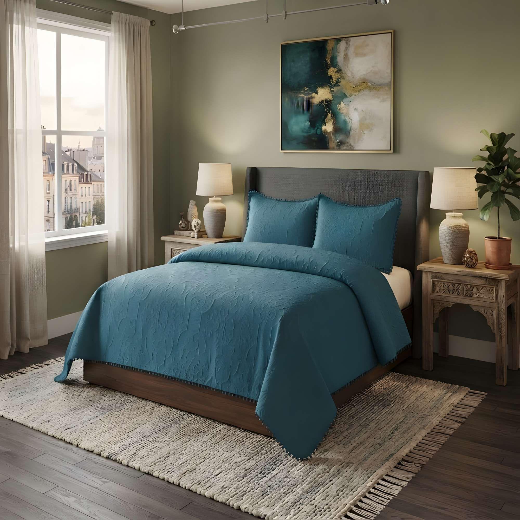 CUBRECAMA PREMIUM CON POMPONES KING COLOR AZUL-1