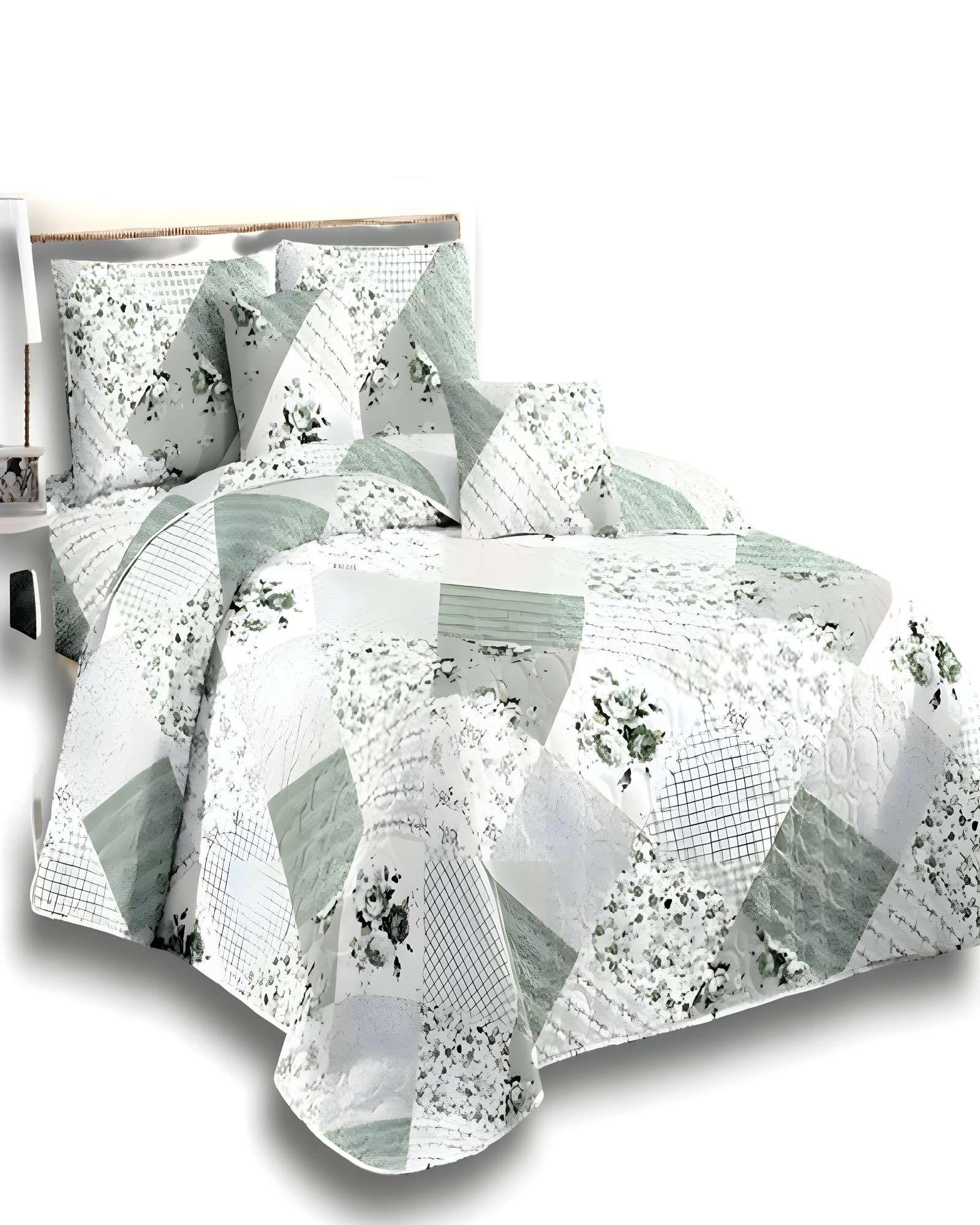 COLCHA CUBRECAMA DE VERANO 2 PLAZAS DISEÑO FLORES Y CUADROS BLANCO1-0