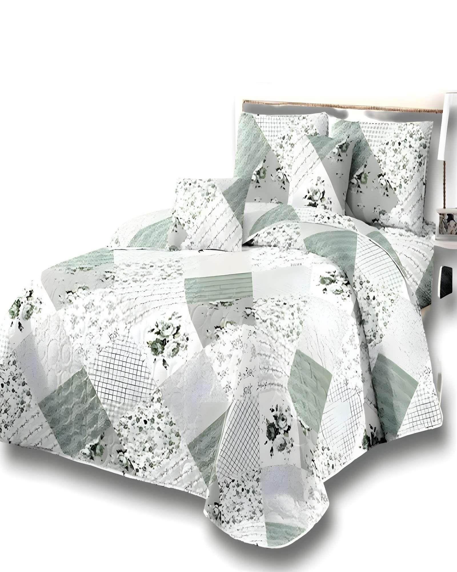 COLCHA CUBRECAMA DE VERANO 2 PLAZAS DISEÑO FLORES Y CUADROS BLANCO1-1