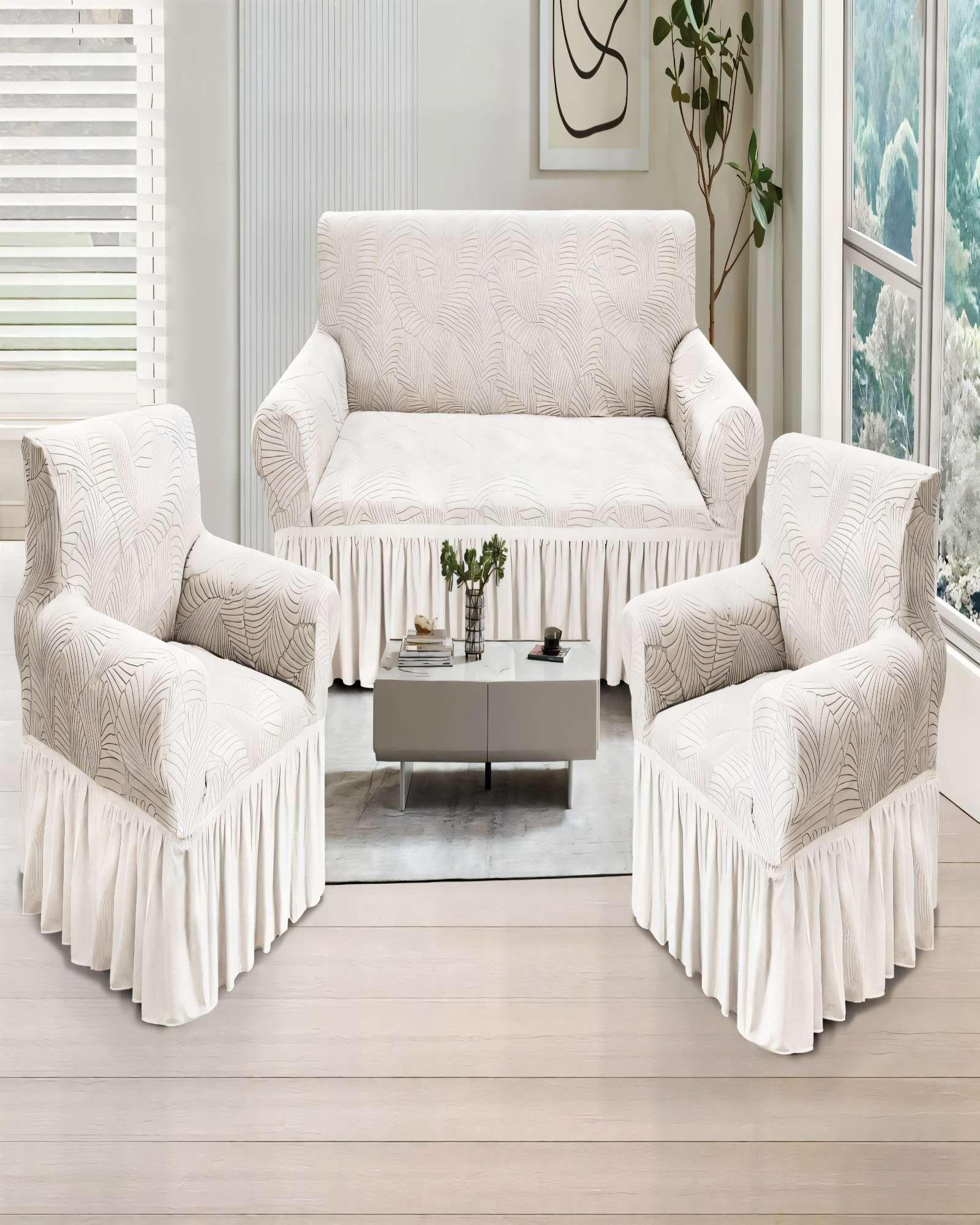 PACK DE FUNDAS DE SOFA 3+1+1 CON DISEÑO EN FORMA DE HOJA CON VELO 3-1-1 COLOR BLANCO-3