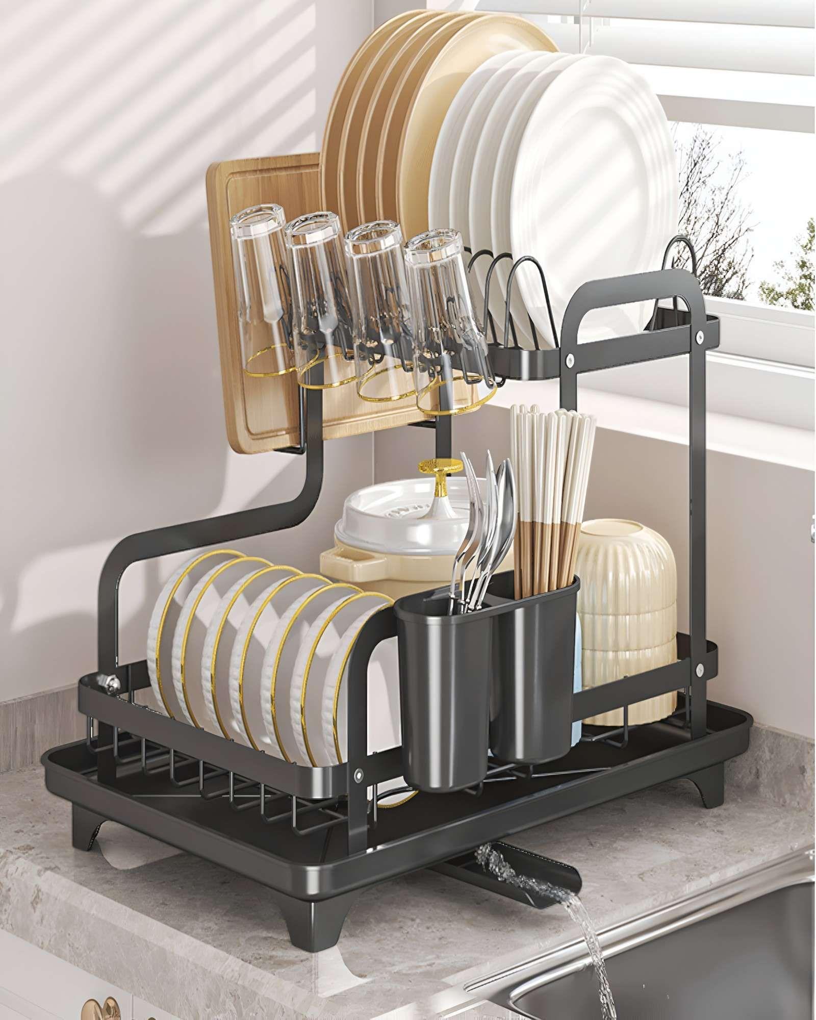 Organización Superior: Escurridor de Vajilla de Acero Inoxidable de Doble Nivel-3