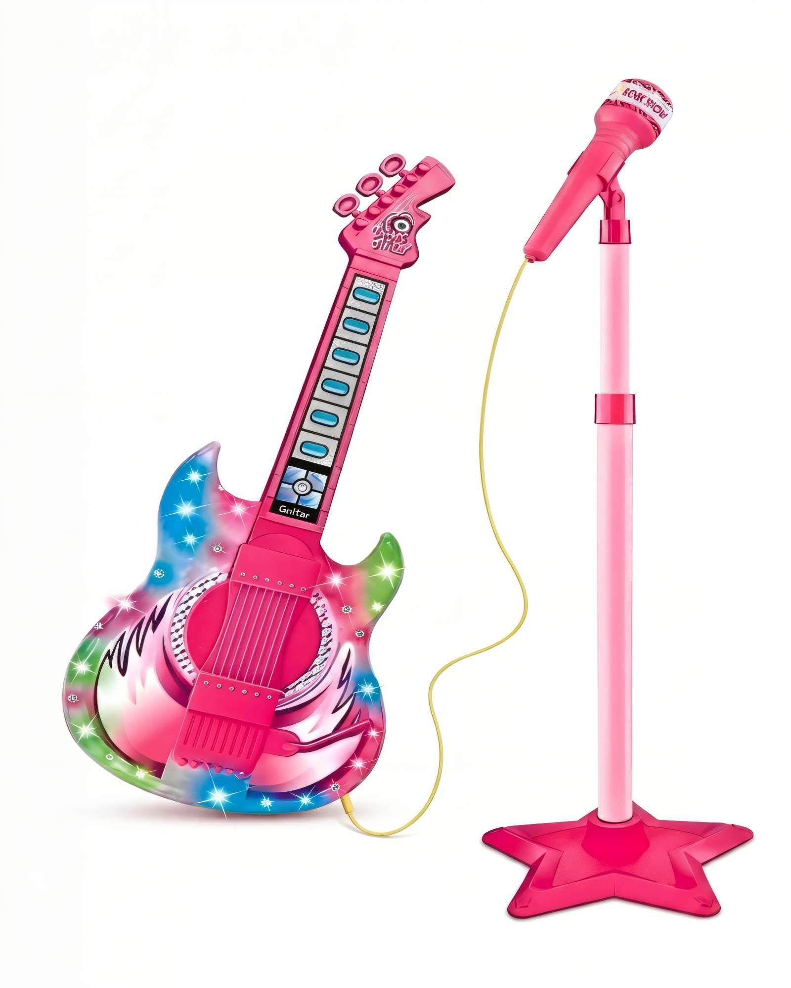 PACK DE JUGUETE GUITARRA CON MICROFONO Y PEDESTAL CON LUCES LED COLOR ROSADO-0