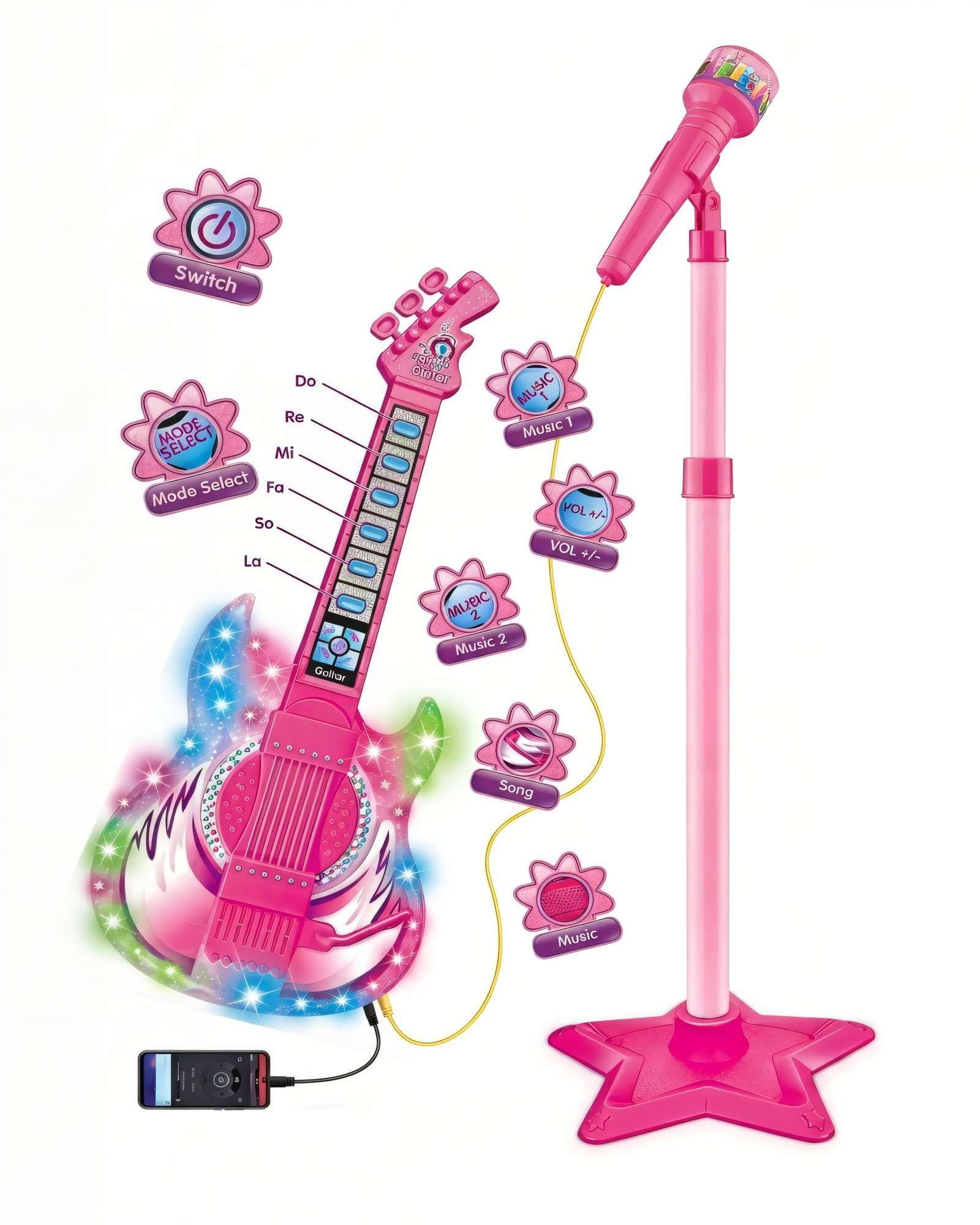 PACK DE JUGUETE GUITARRA CON MICROFONO Y PEDESTAL CON LUCES LED COLOR ROSADO-1
